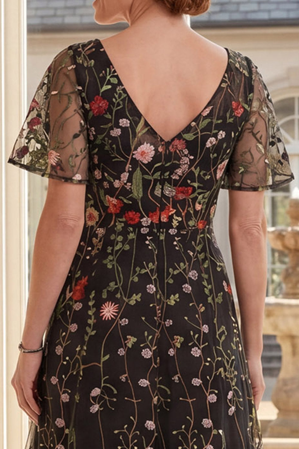 Short Sleeves Floral Black A Line Long Mother of the Bride Dress
