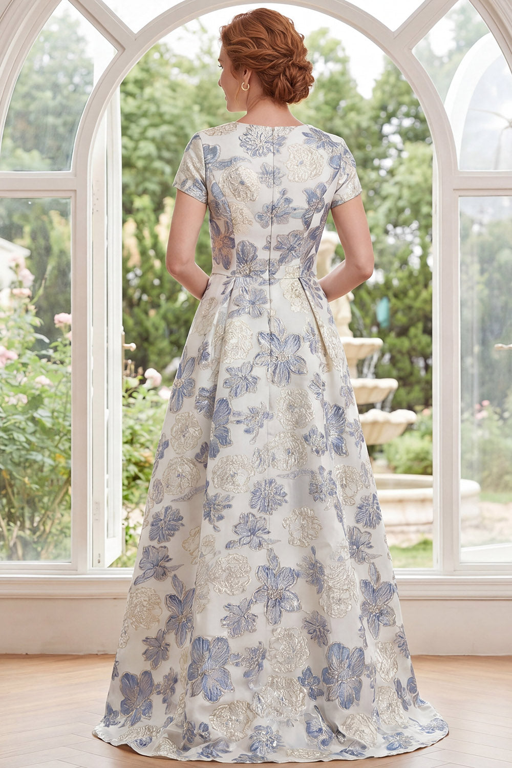 Dusty Blue Floral Round Neck A Line Long Mother of the Bride Dress