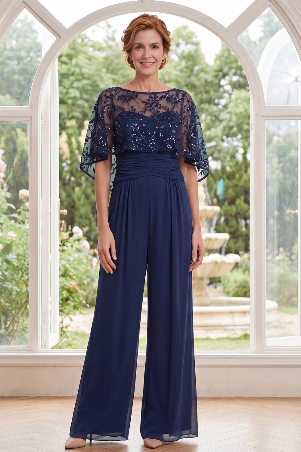 Sparkly Navy Long Beaded Mother of the Bride Jumpsuits with Cape