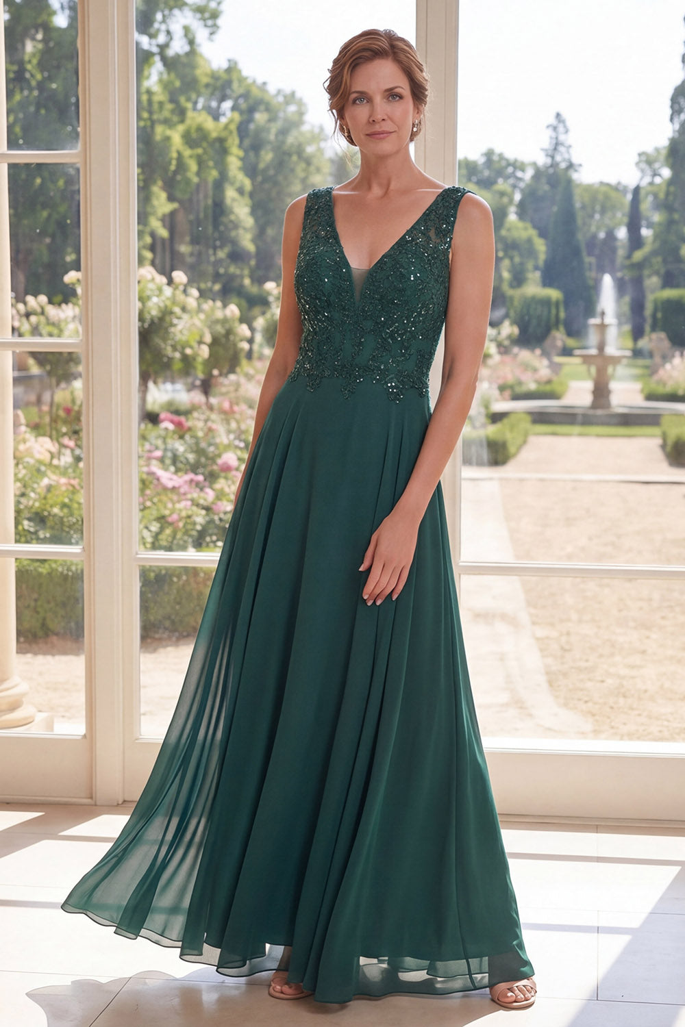 Dark Green V-Neck A Line Beaded Long Mother of the Bride Dress
