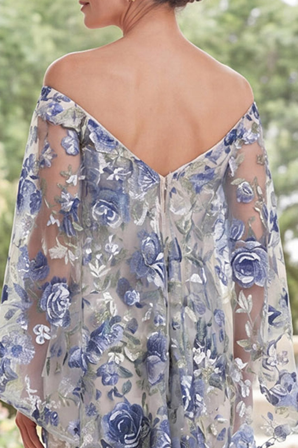 Blue Flower Long Mermaid Mother of the Bride Dress with Cape