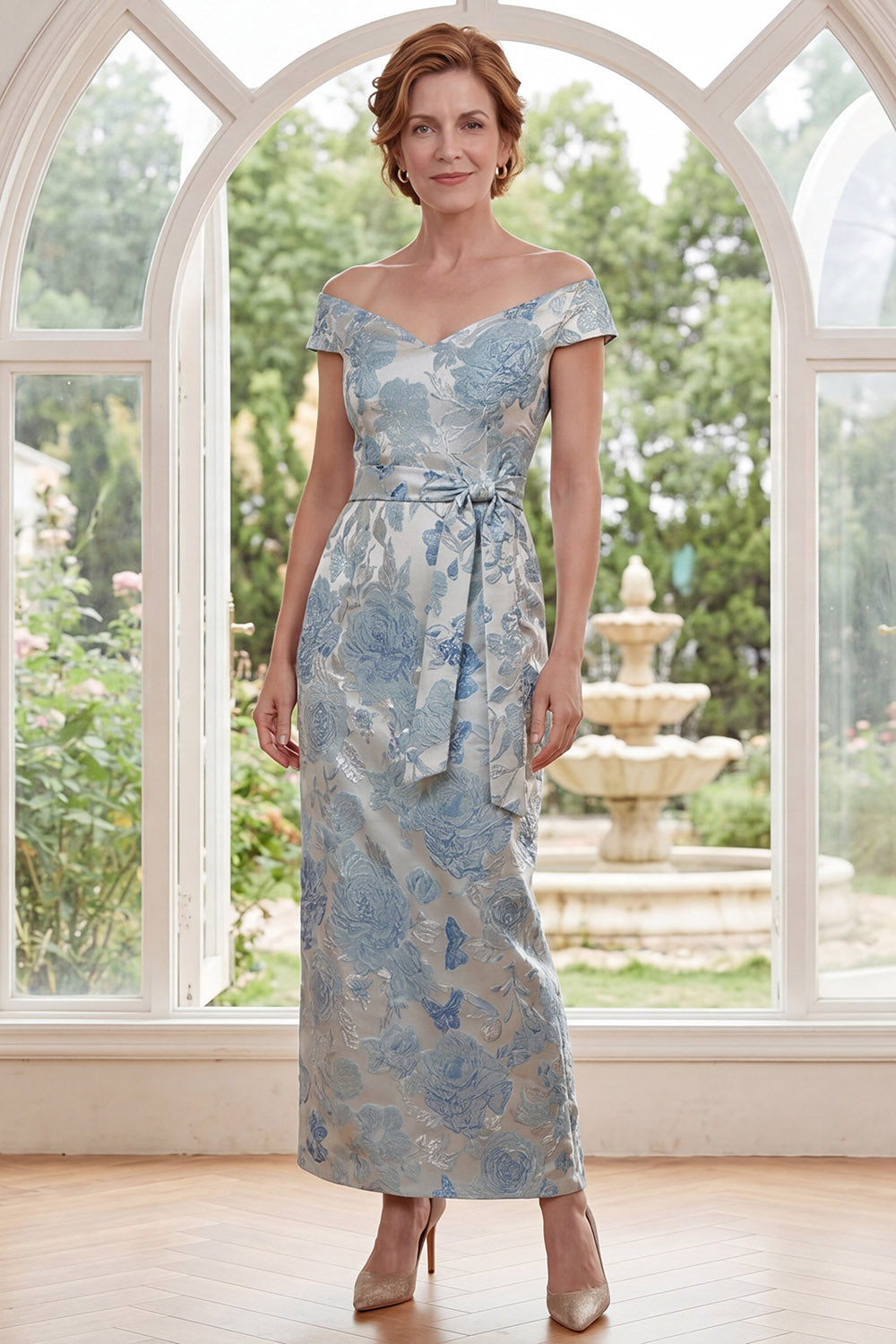 Blue Floral Sheath Off the Shoulder Long Mother of the Bride Dress