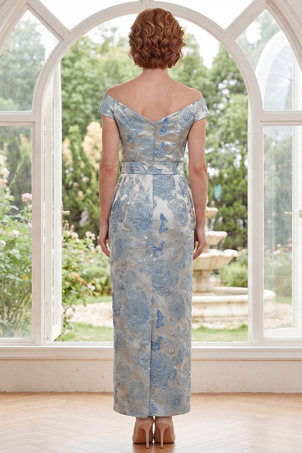 Blue Floral Sheath Off the Shoulder Long Mother of the Bride Dress