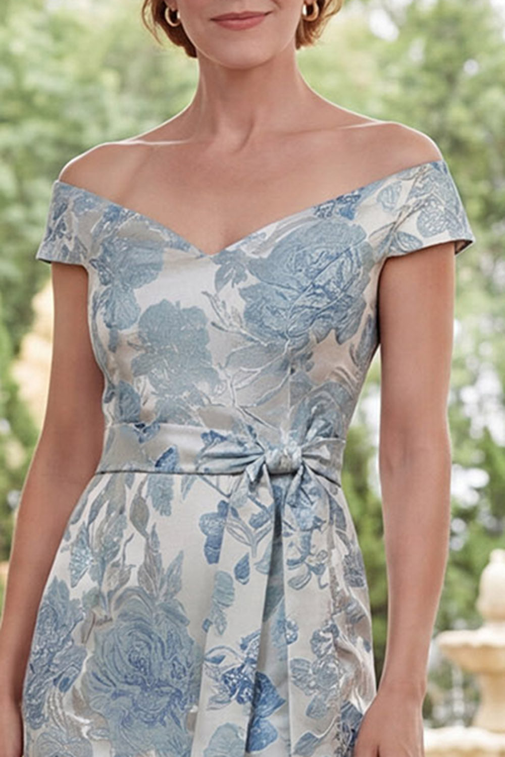Blue Floral Sheath Off the Shoulder Long Mother of the Bride Dress