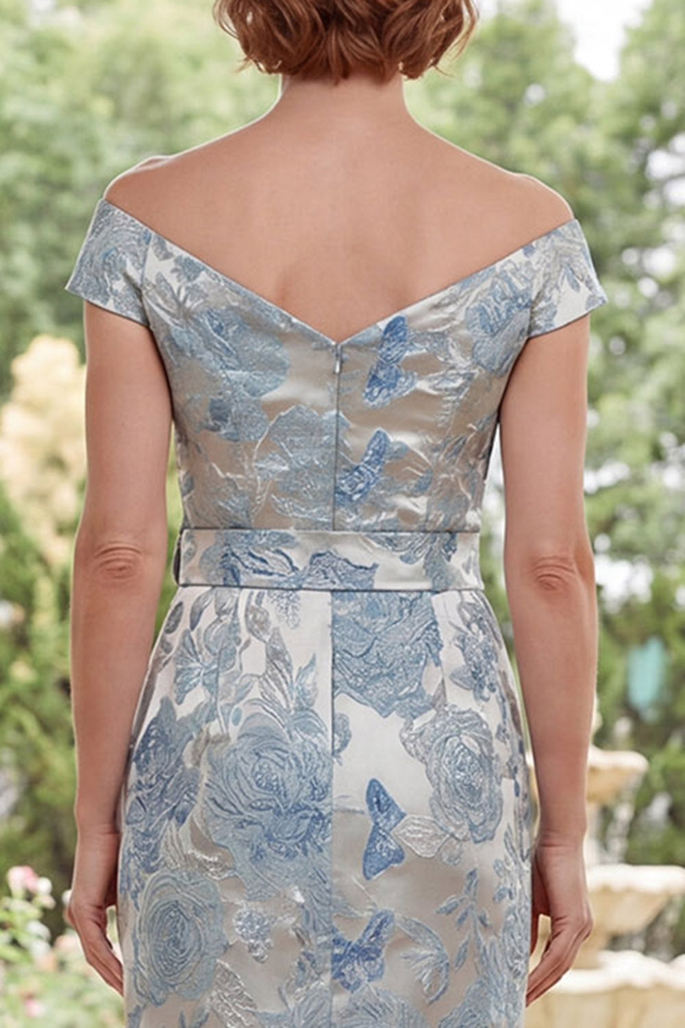 Blue Floral Sheath Off the Shoulder Long Mother of the Bride Dress