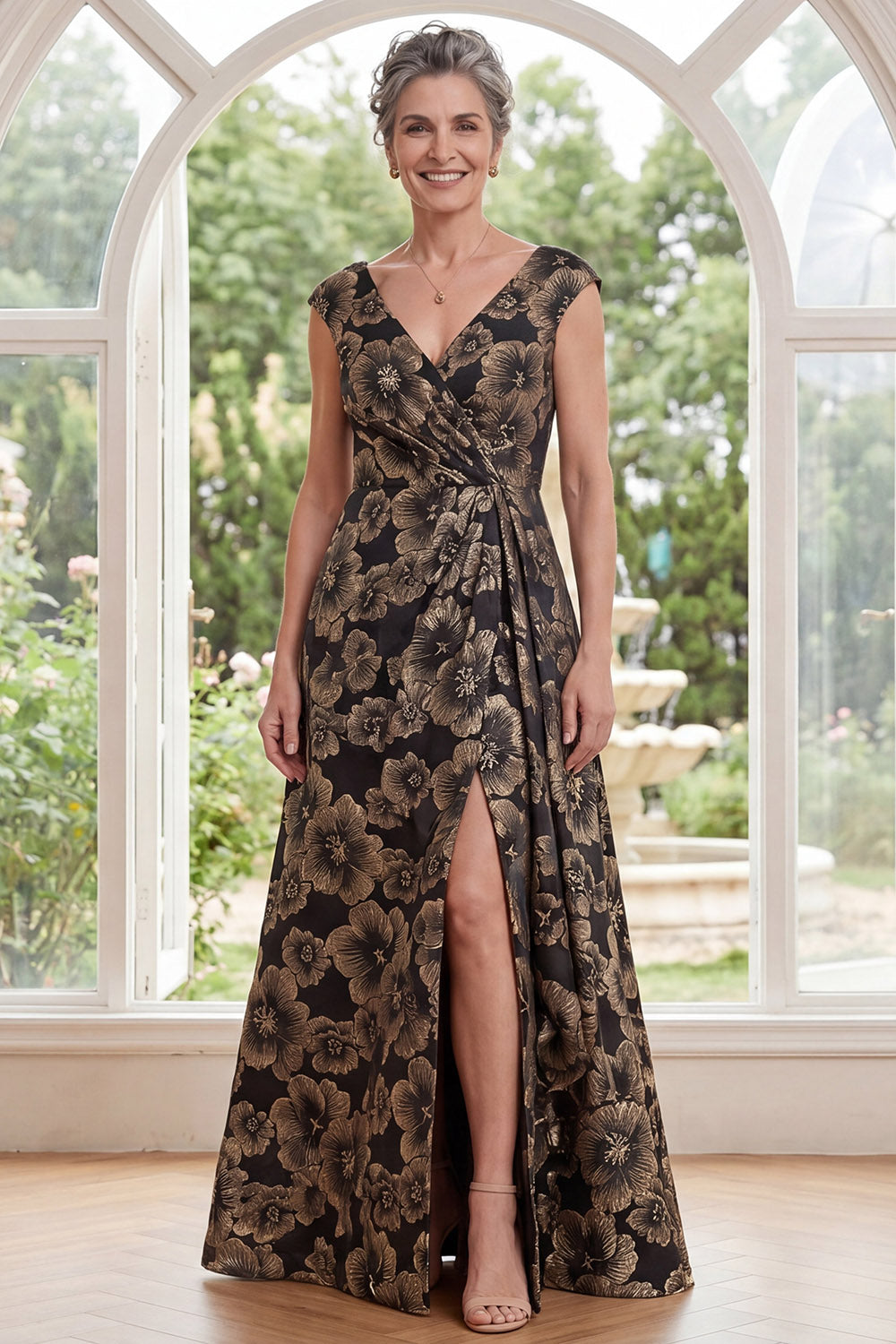 Black Floral A Line V-Neck Long Mother of the Bride Dress with Slit