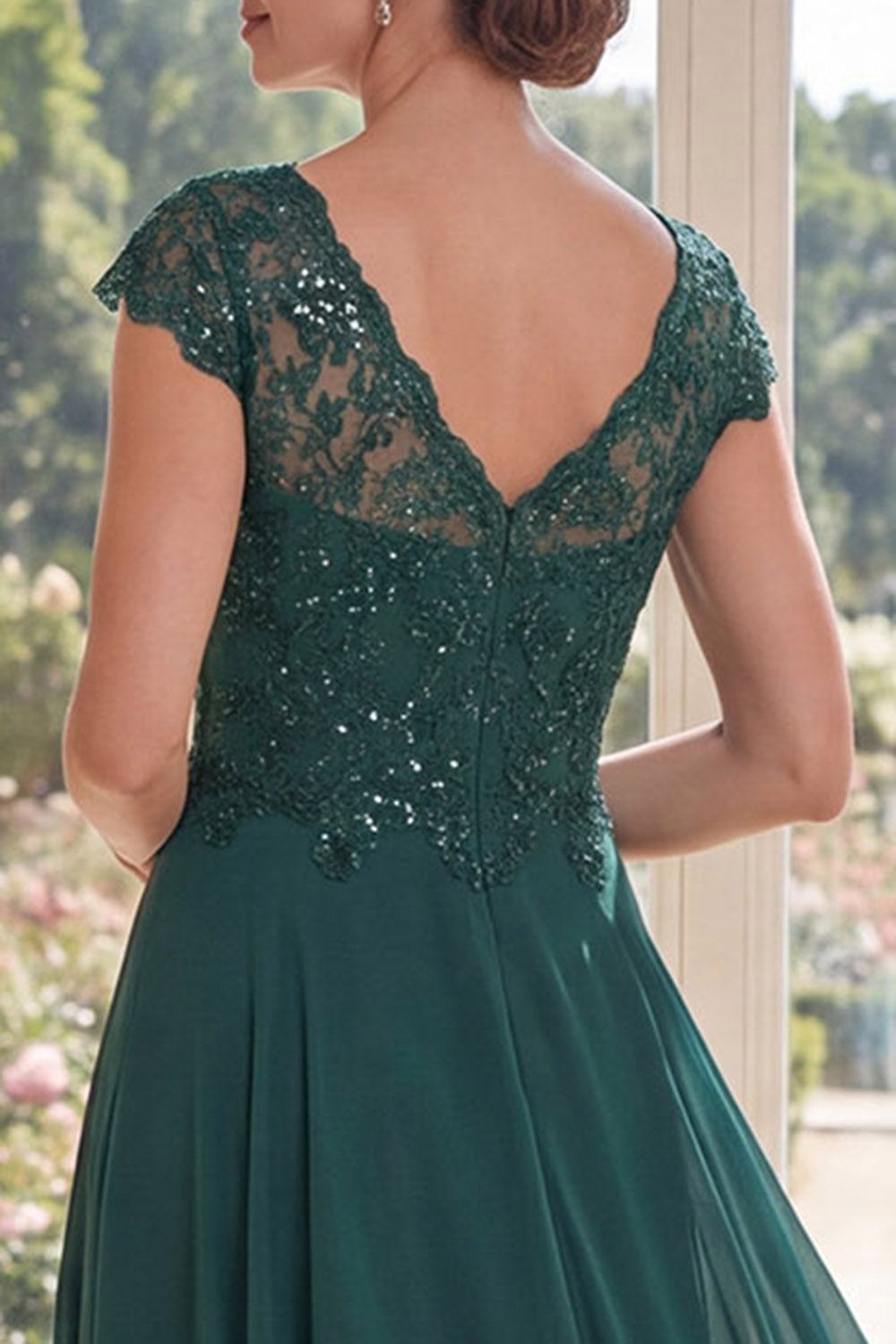 Dark Green Beaded Cap Sleeves A Line Long Mother of the Bride Dress