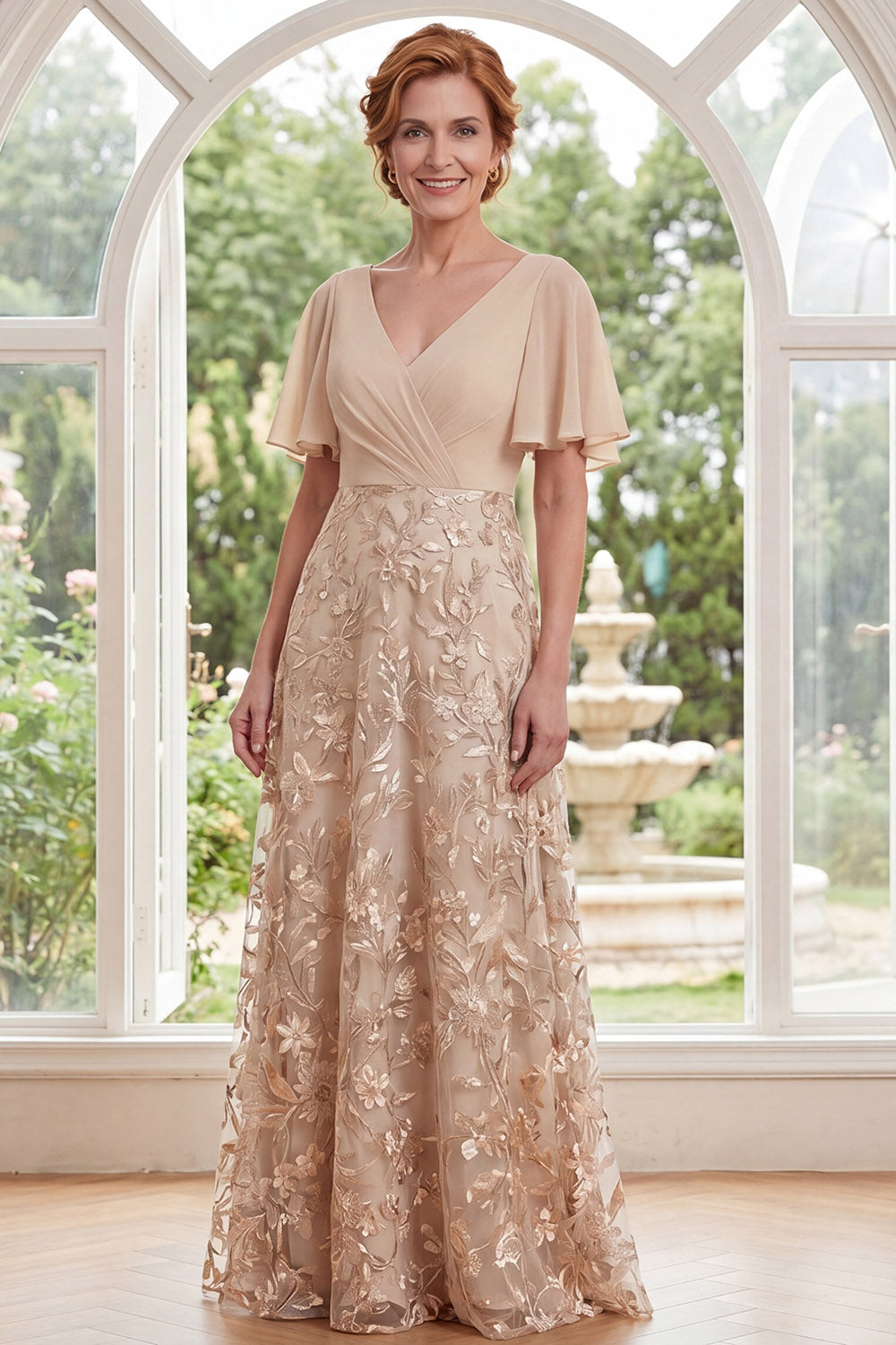 Champagne V-Neck A Line Long Ruched Floral Mother of the Bride Dress