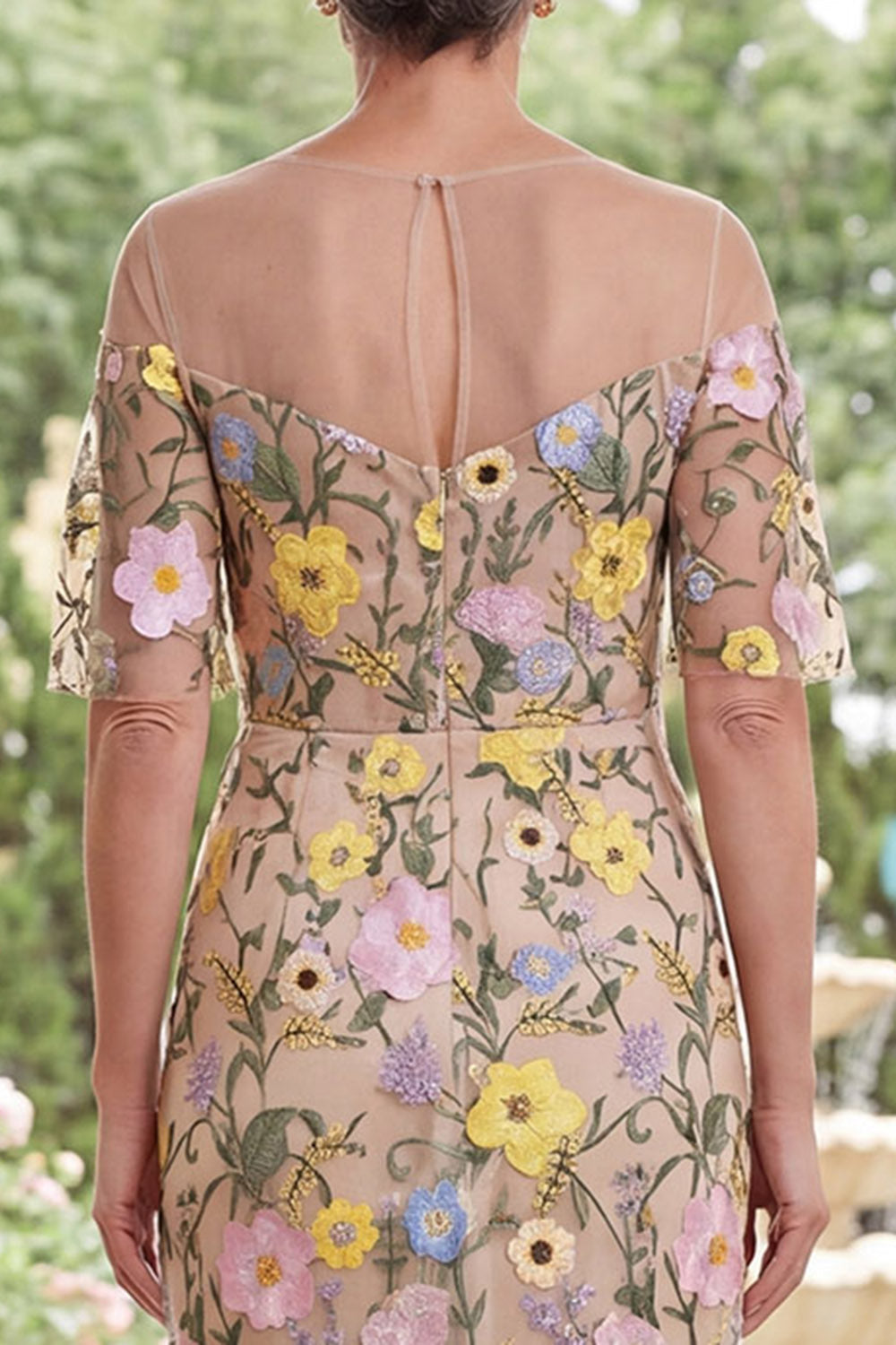 Champagne Floral Boat Neck Sheath Long Mother of the Bride Dress with Slit