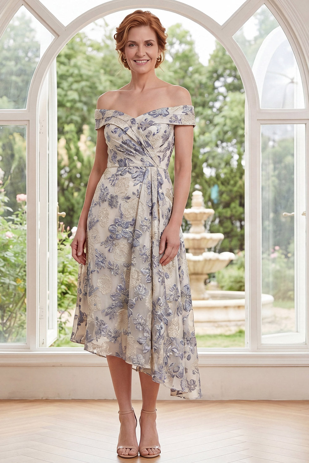 Dusty Blue Floral A Line Off the Shoulder Asymmetrical Mother of the Bride Dress