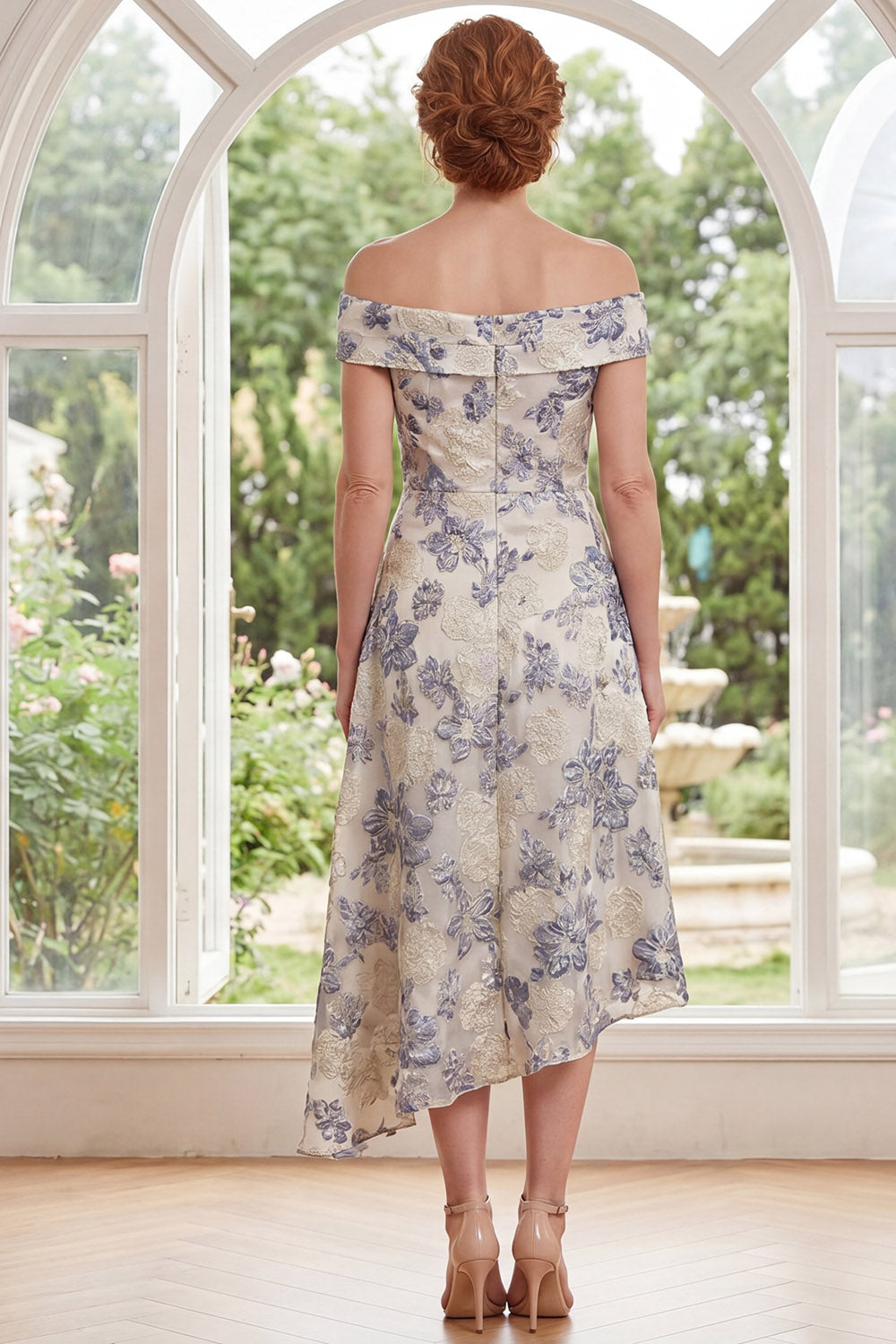 Dusty Blue Floral A Line Off the Shoulder Asymmetrical Mother of the Bride Dress