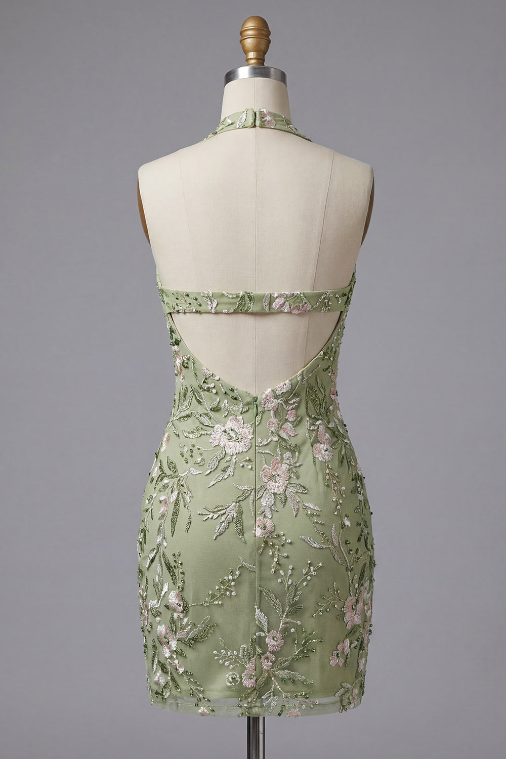 Sage Green Corset Floral Tight Short Halter Homecoming Dress
