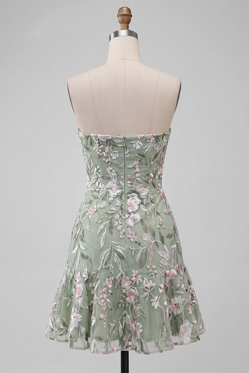 Sage Green Strapless Floral Short Homecoming Dress with Ruffles