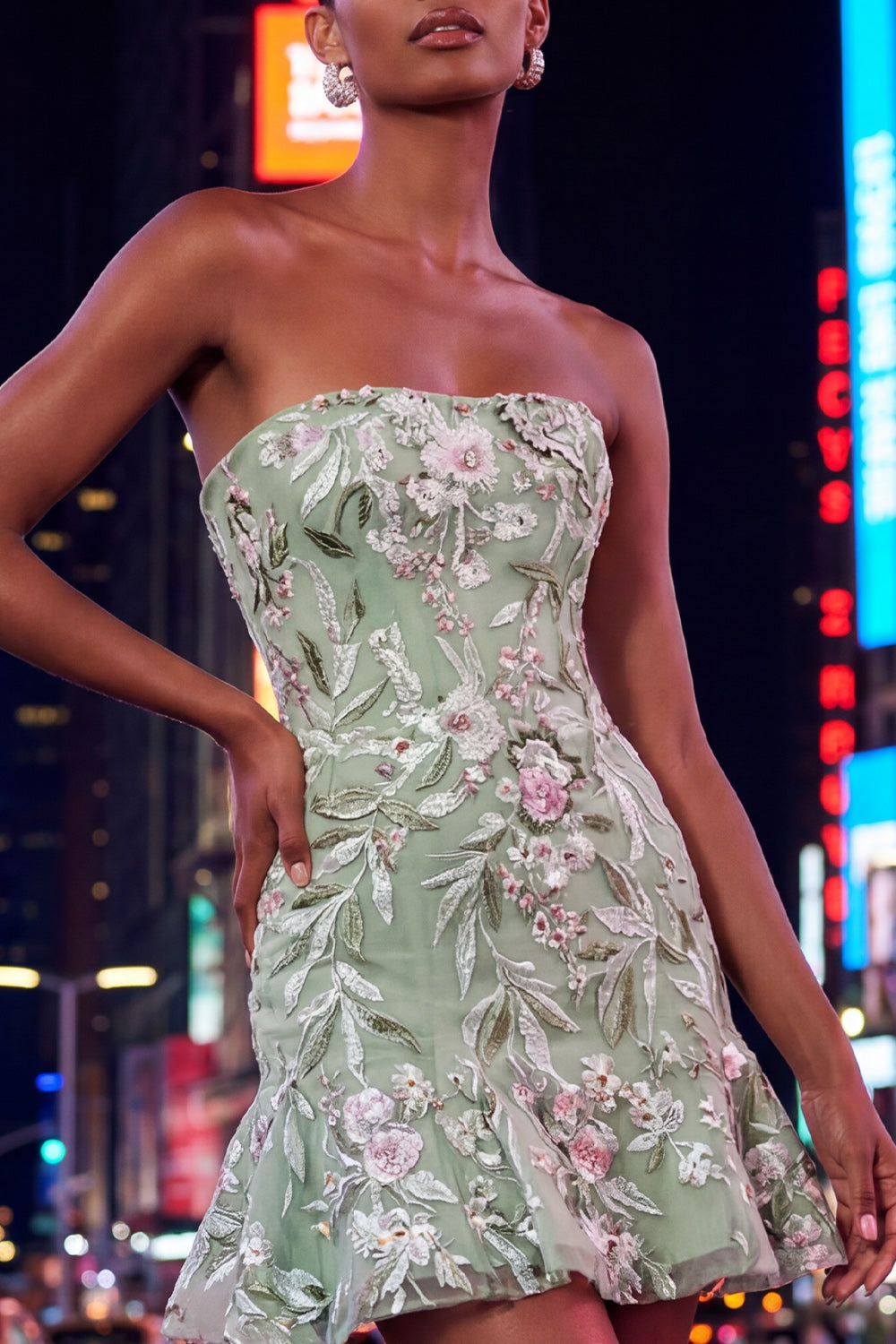 Sage Green Strapless Floral Short Homecoming Dress with Ruffles