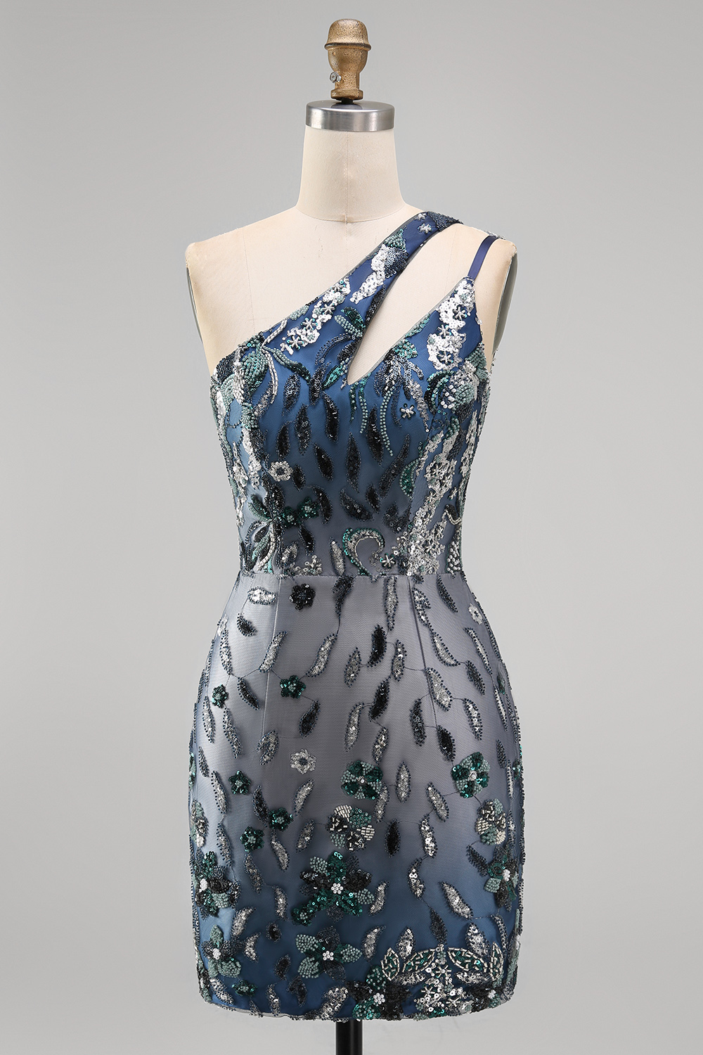 Sparkly Navy Tight Keyhole Short Beaded Floral Homecoming Dress