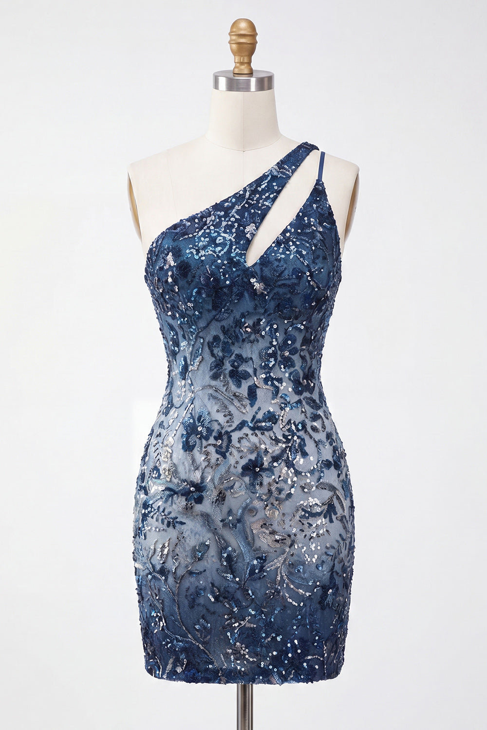 Sparkly Navy Tight Keyhole Short Beaded Floral Homecoming Dress