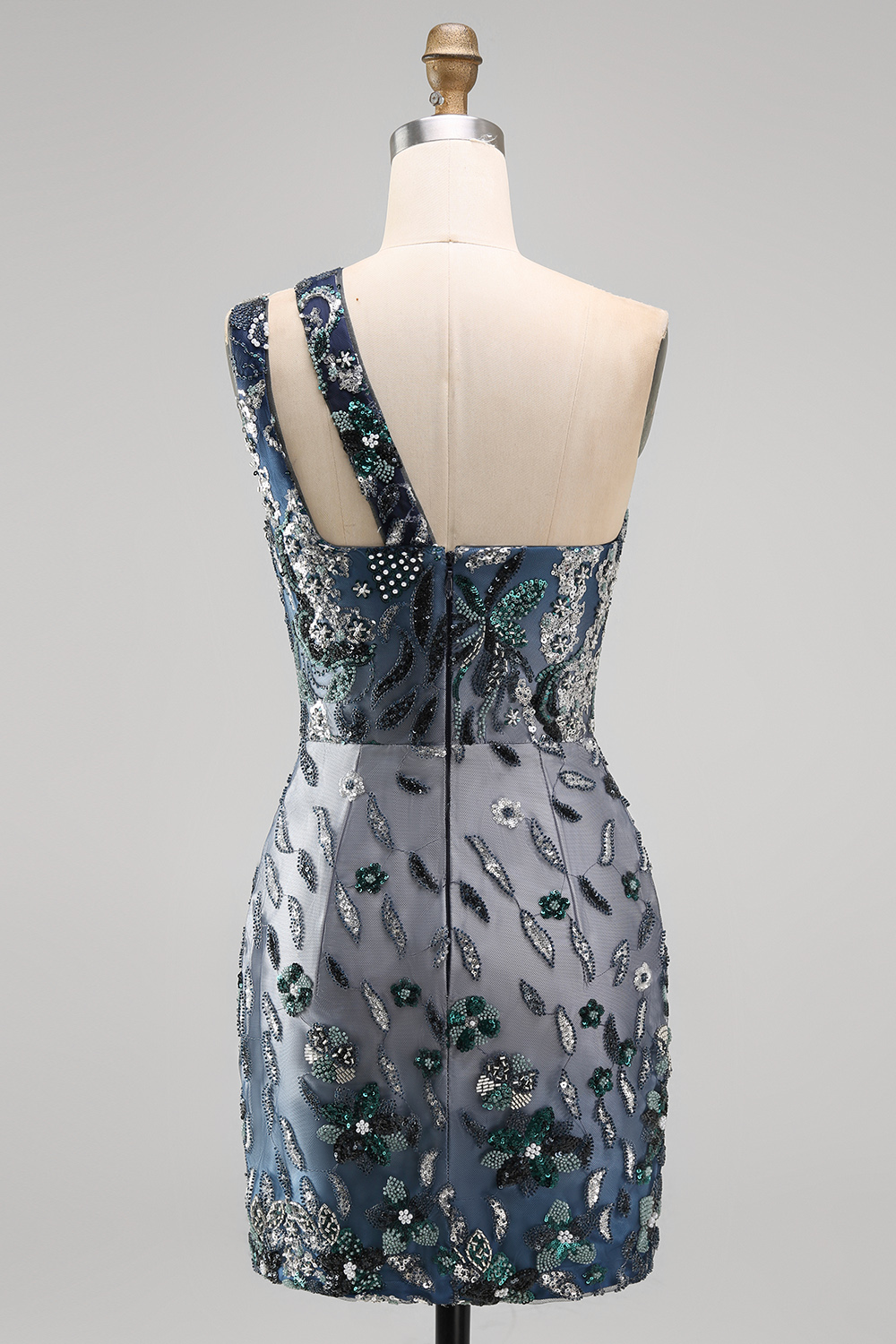 Sparkly Navy Tight Keyhole Short Beaded Floral Homecoming Dress