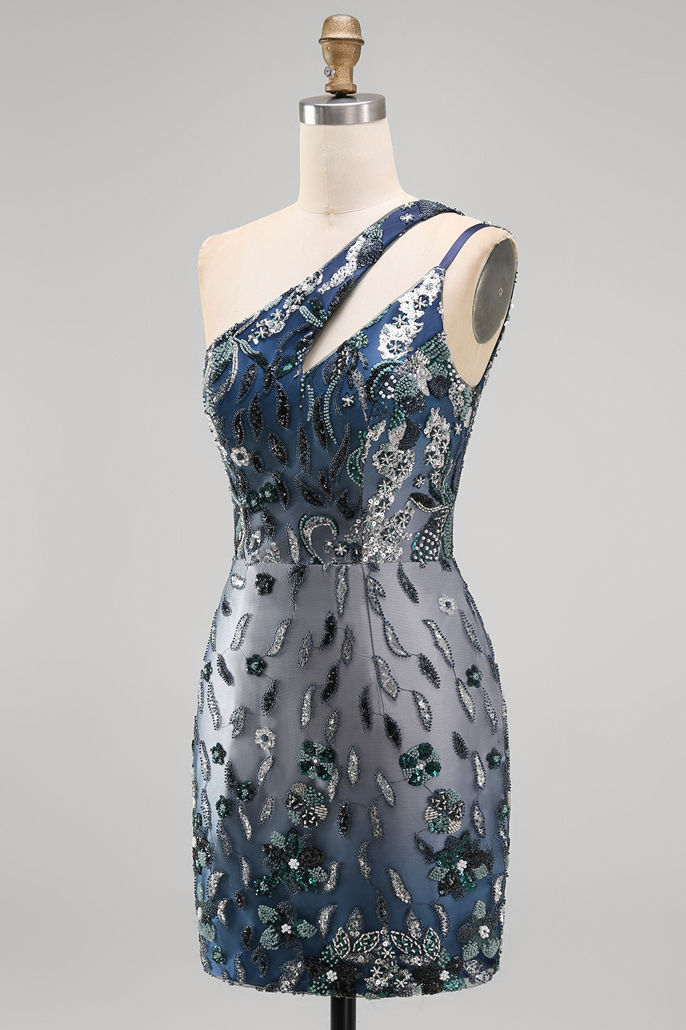 Sparkly Navy Tight Keyhole Short Beaded Floral Homecoming Dress