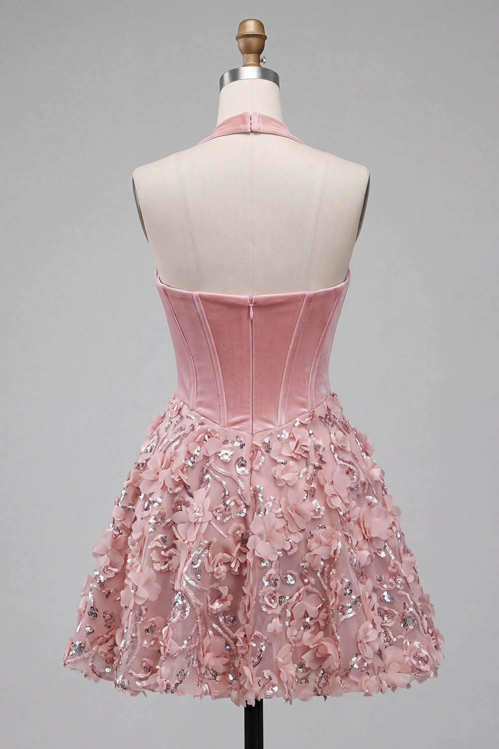 Sparkly Pink Floral Velvet Short Halter Corset A Line Homecoming Dress