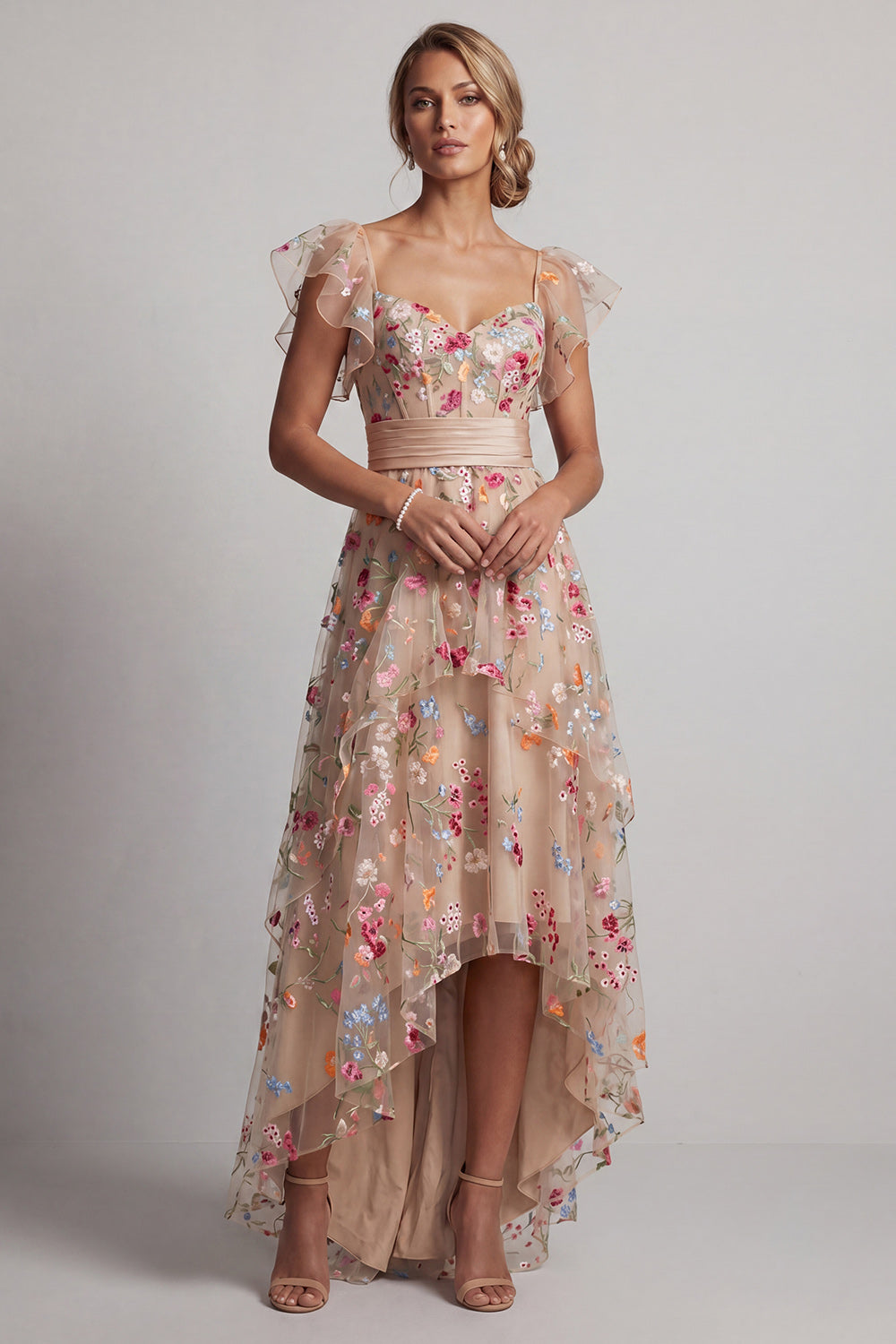 Floral Corset Champagne High Low A Line Mother of the Bride Dress with Ruffles
