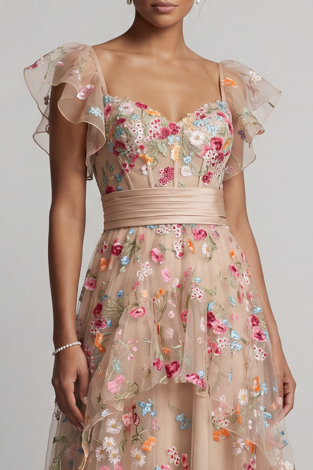 Floral Corset Champagne High Low A Line Mother of the Bride Dress with Ruffles