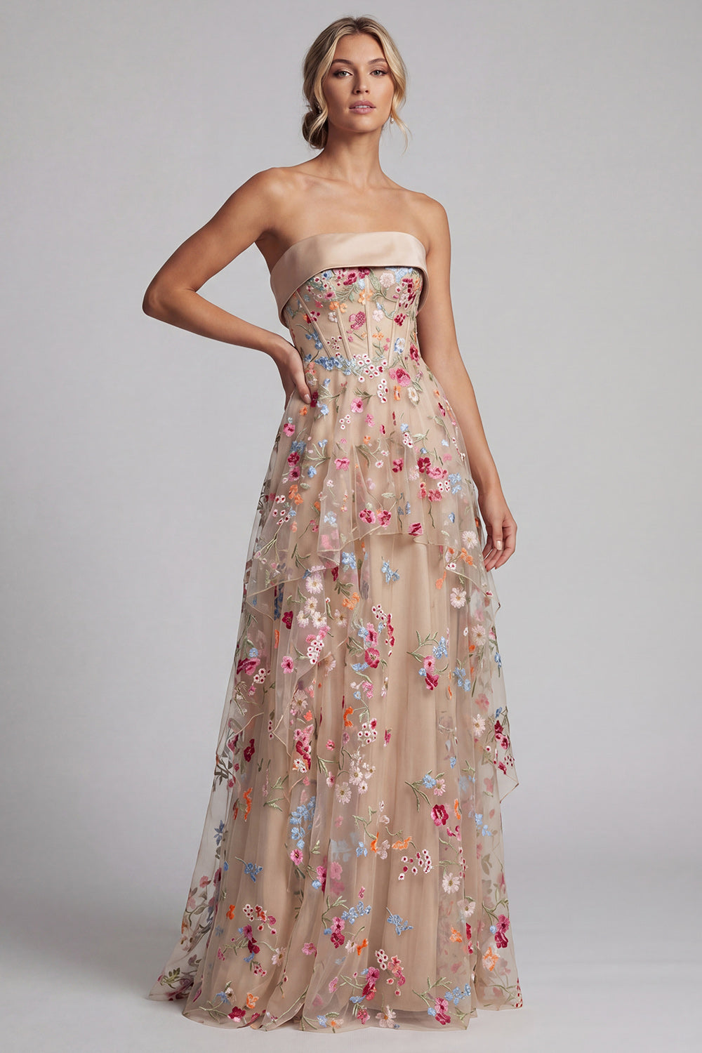 Champagne Ruffled Floral Long Corset A Line Mother of the Bride Dress with Pockets