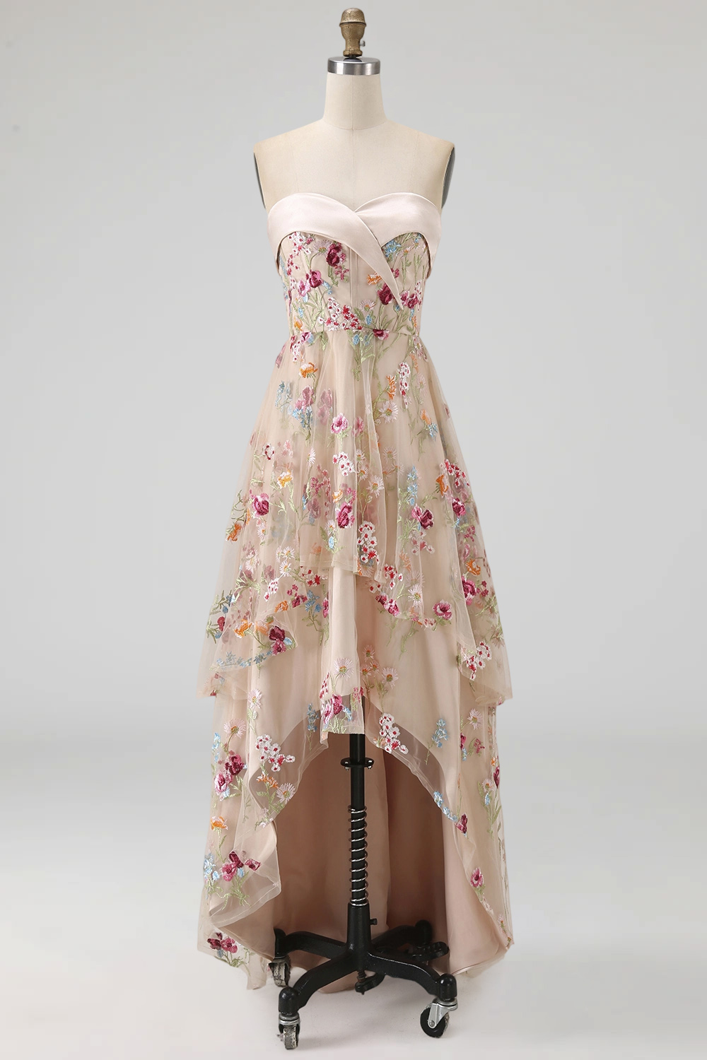Basque Waist High Low Corset Floral Champagne Mother of the Bride Dress with Ruffles