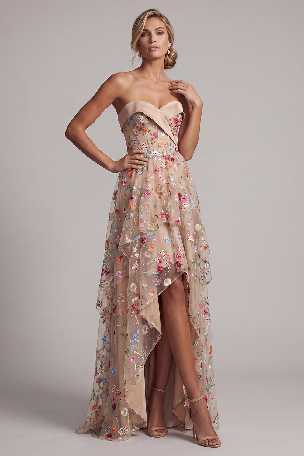 Basque Waist High Low Corset Floral Champagne Mother of the Bride Dress with Ruffles