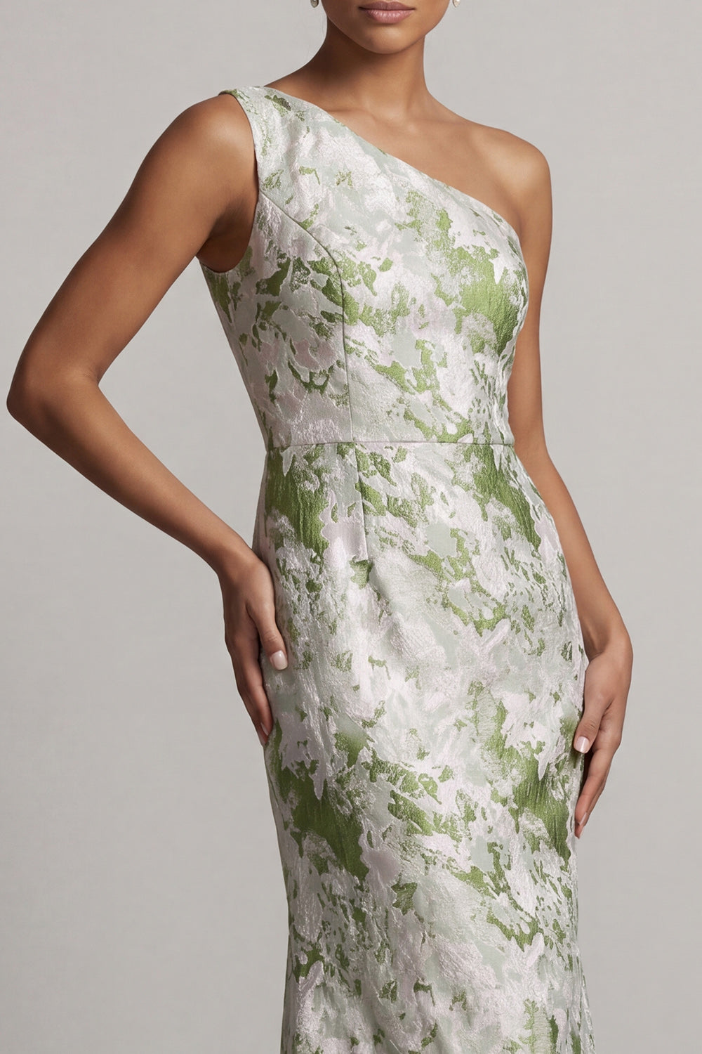 Floral One Shoulder Long Mermaid Light Green Mother of the Bride Dress
