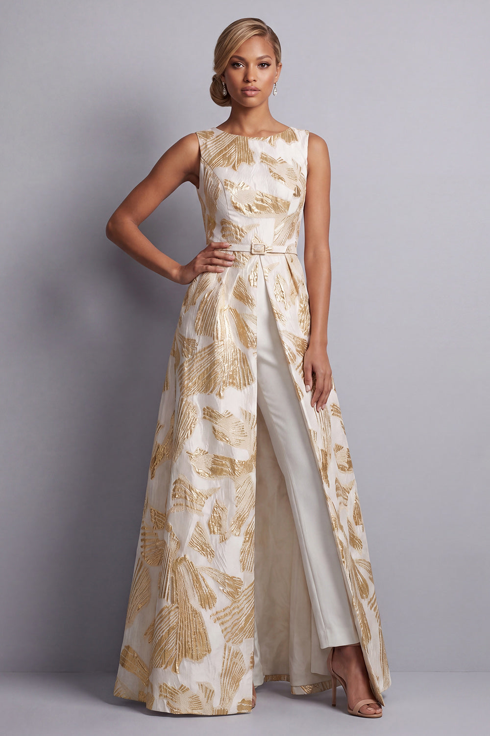 Jacquard Champagne Boat Neck Mother of the Bride Jumpsuits with Pockets