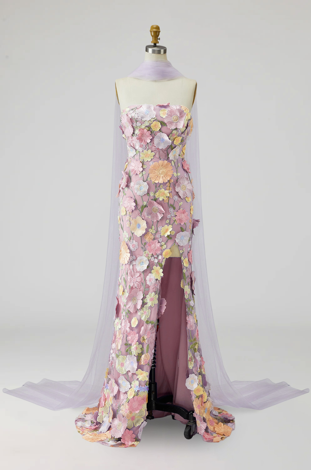 Mermaid Floral Light Purple Long Strapless Mother of the Bride Dress with Slit