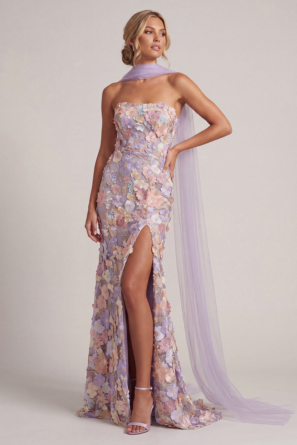 Mermaid Floral Light Purple Long Strapless Mother of the Bride Dress with Slit