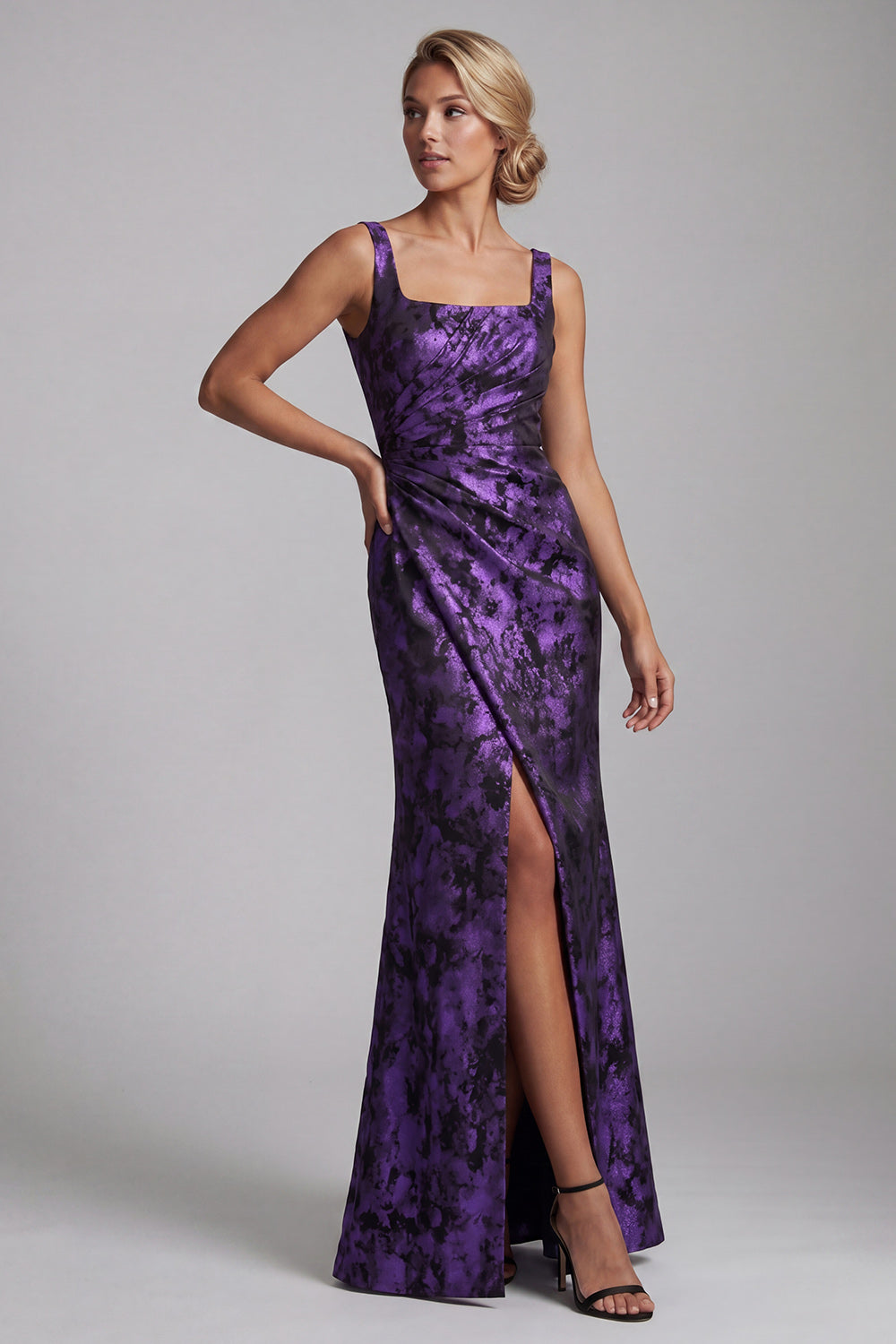 Mermaid Floral Dark Purple Long Ruched Mother of the Bride Dress with Slit