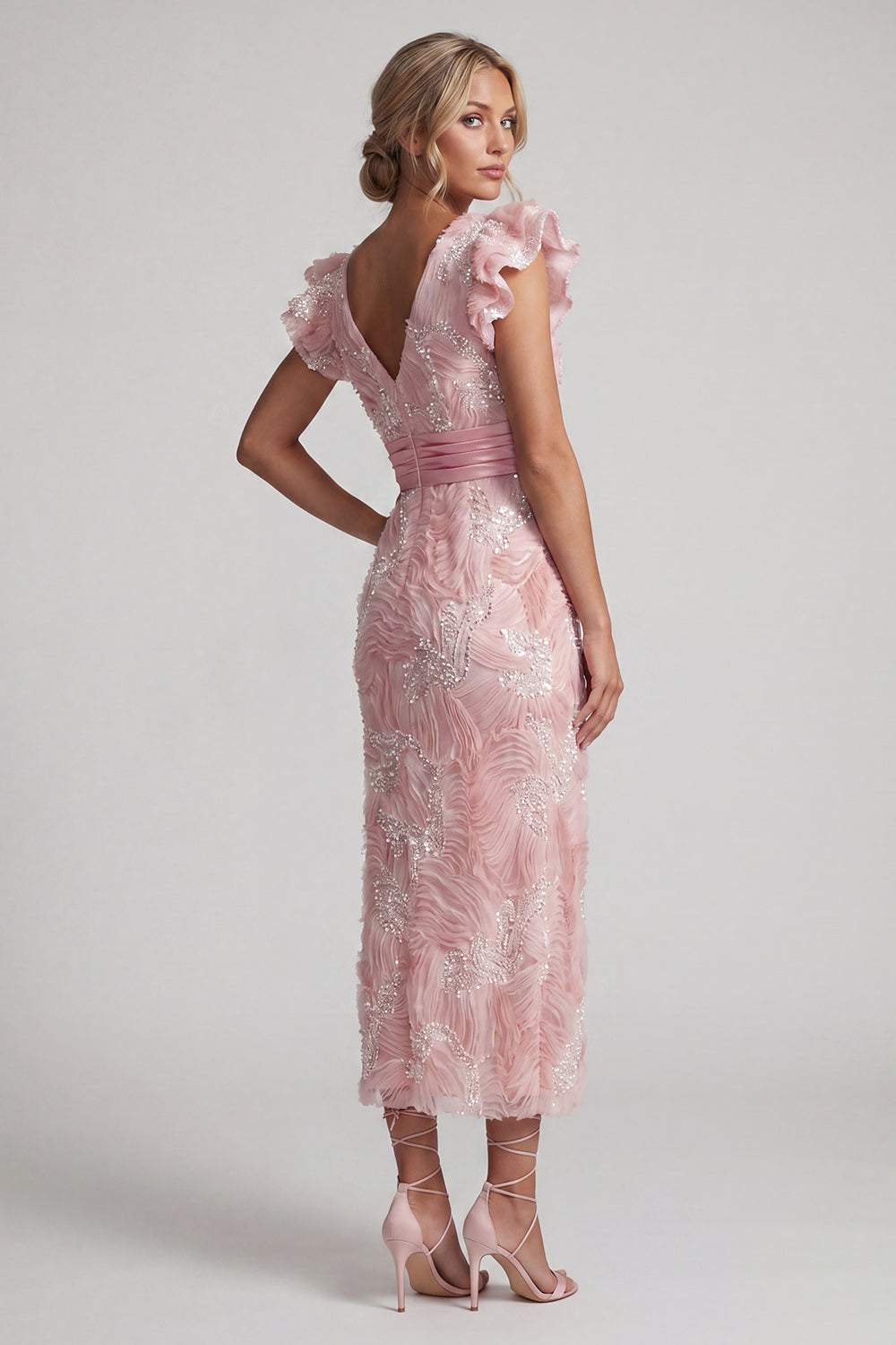 Sparkly Blush Sheath Long V-Neck Beaded Mother of the Bride Dress with Ruffles