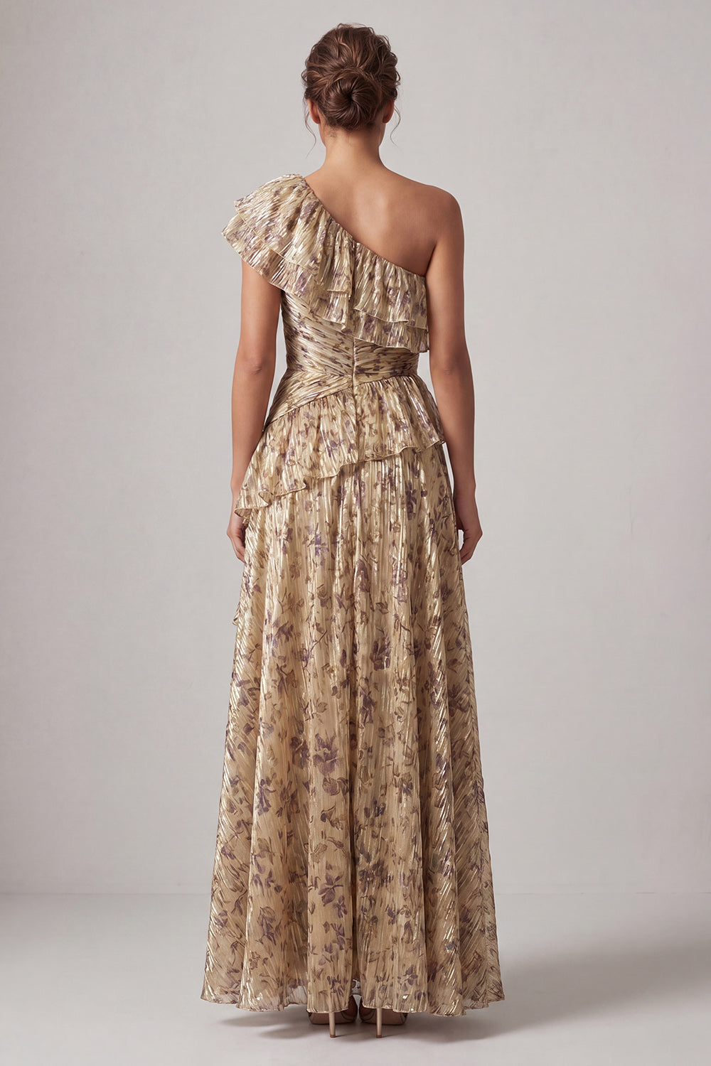 Champagne Long Floral A Line Ruffled Mother of the Bride Dress with Slit
