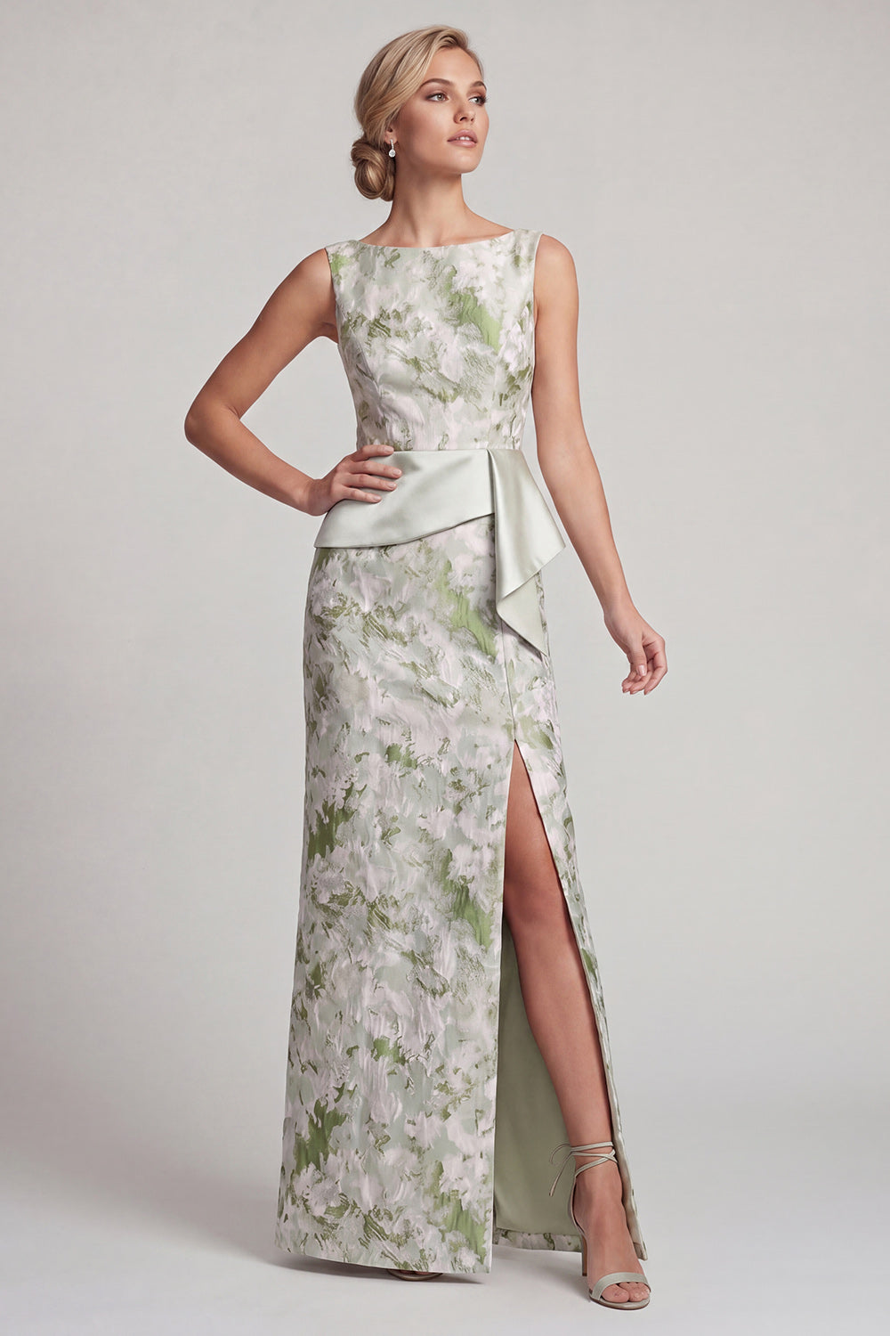 Floral Sheath Light Green Long Mother of the Bride Dress with Sash