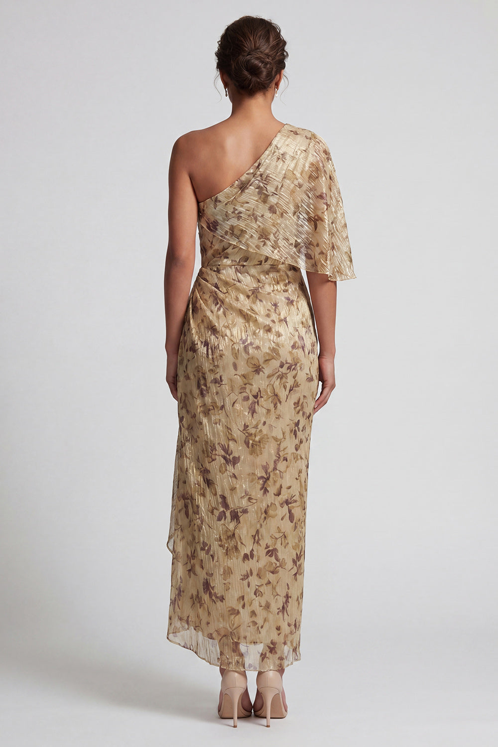 Champagne Sheath Long Floral Ruched Mother of the Bride Dress with Side Cape