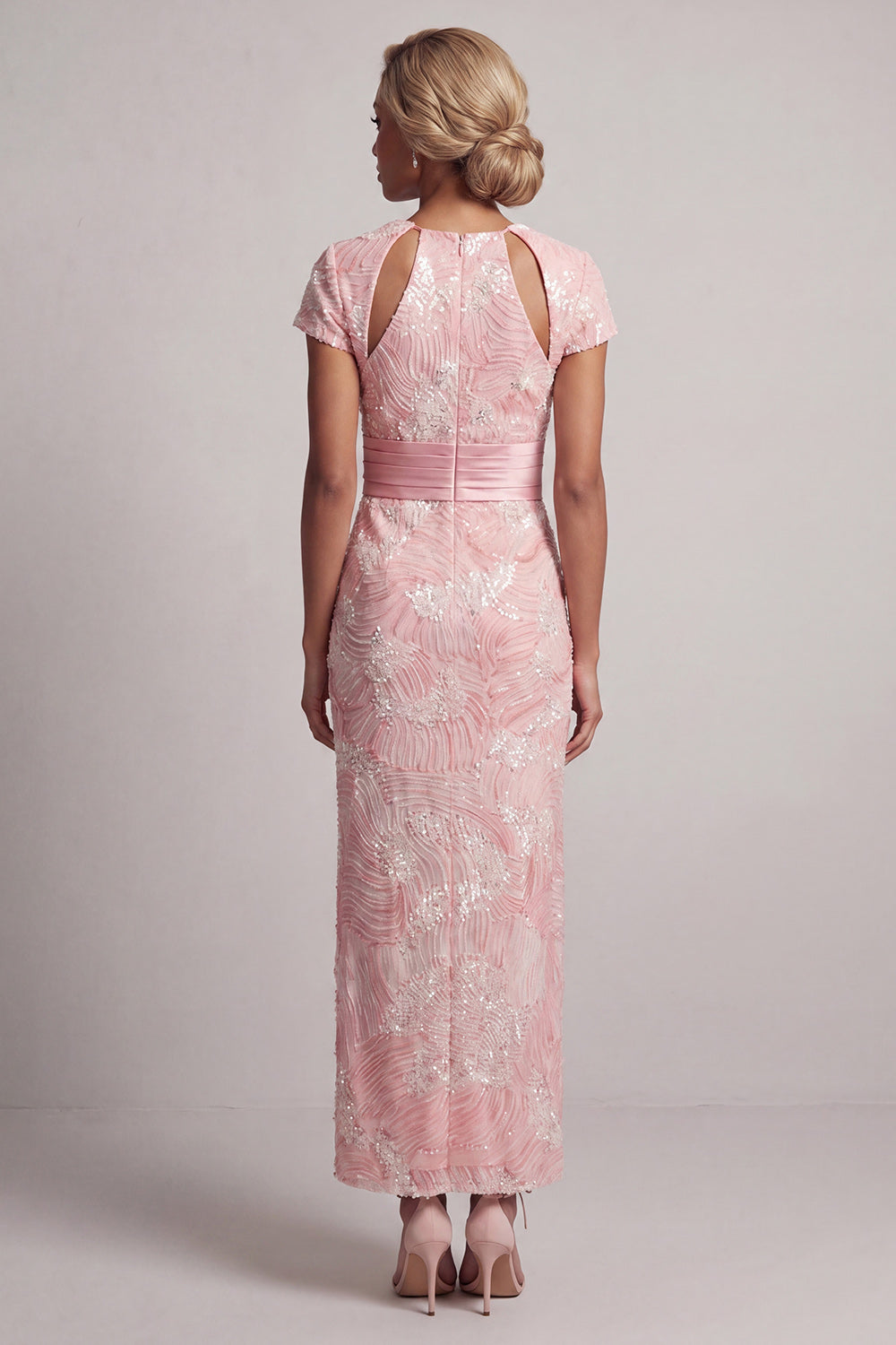 Sparkly Long Sheath Short Sleeves Blush Keyhole Beaded Mother of the Bride Dress