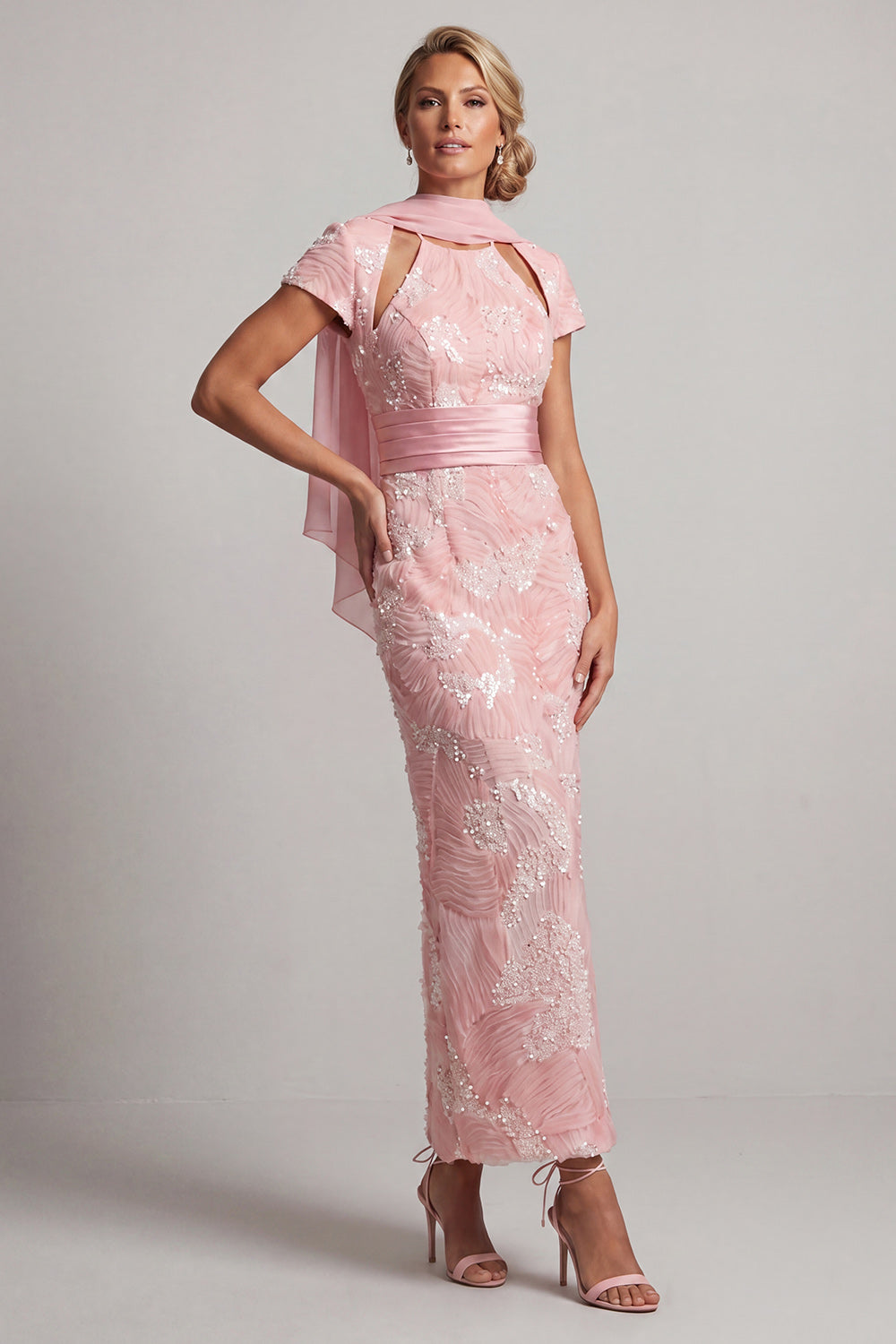 Sparkly Long Sheath Short Sleeves Blush Keyhole Beaded Mother of the Bride Dress