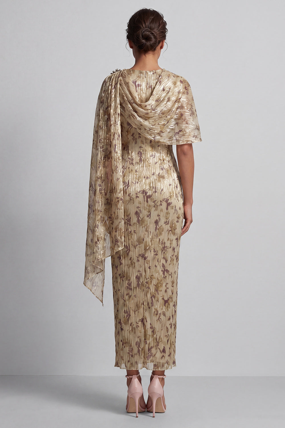 Champagne Beaded Floral Sheath Long Mother of the Bride Dress with Cape