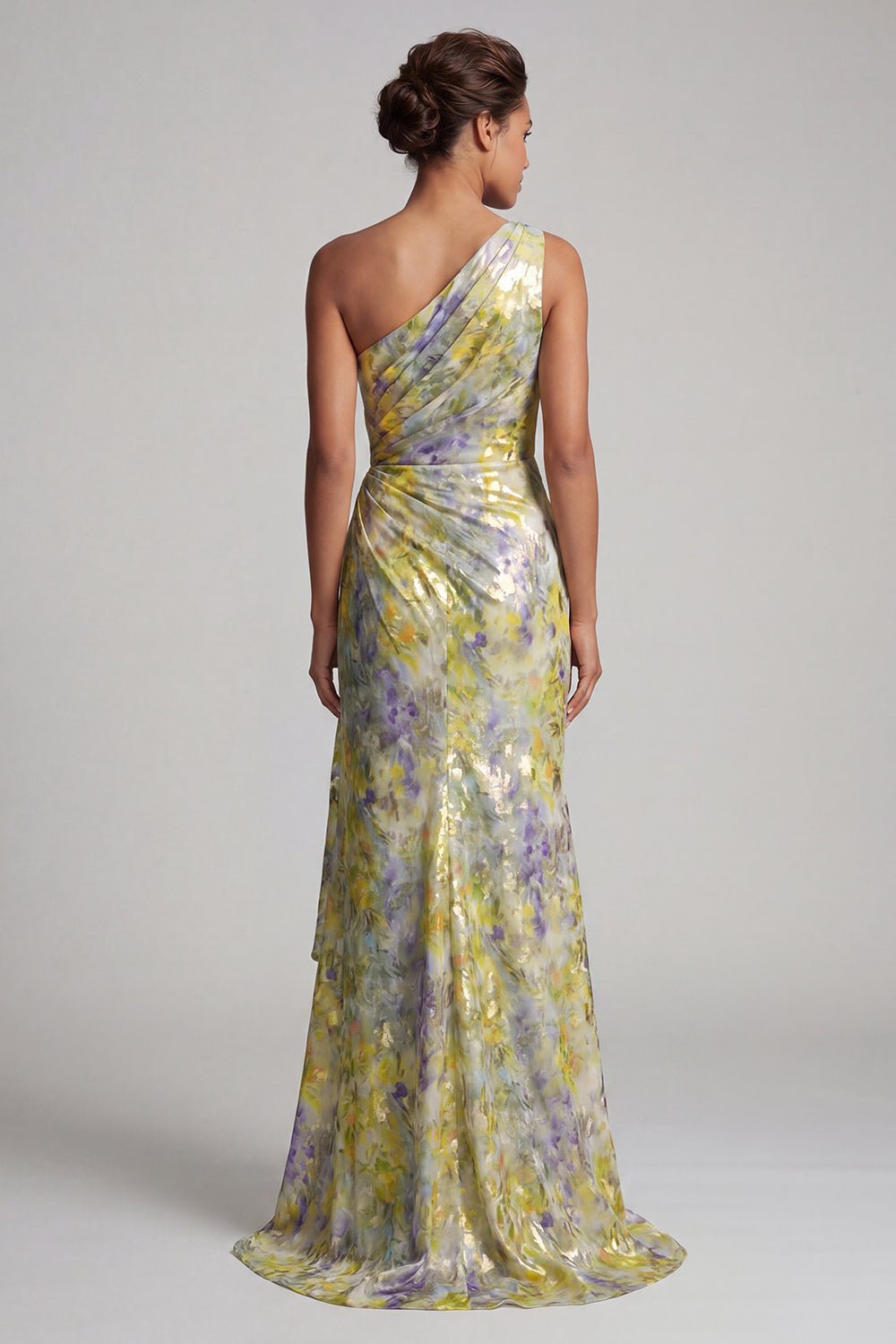 One Shoulder Mermaid Butter Yellow Floral Long Printed Mother of the Bride Dress