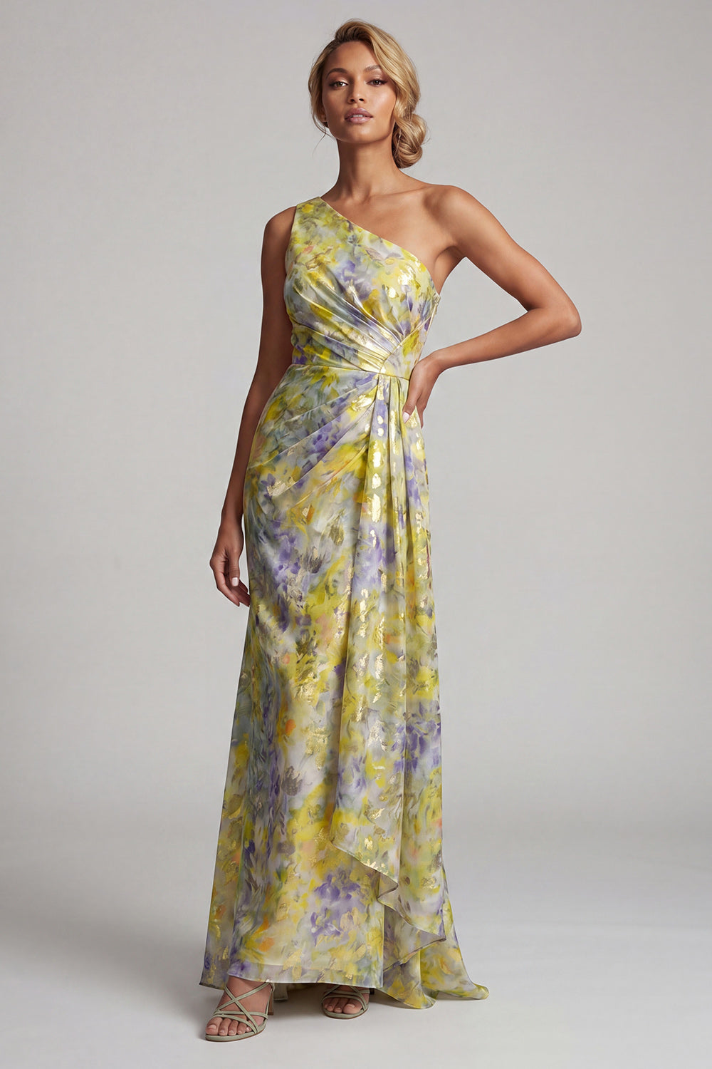 One Shoulder Mermaid Butter Yellow Floral Long Printed Mother of the Bride Dress