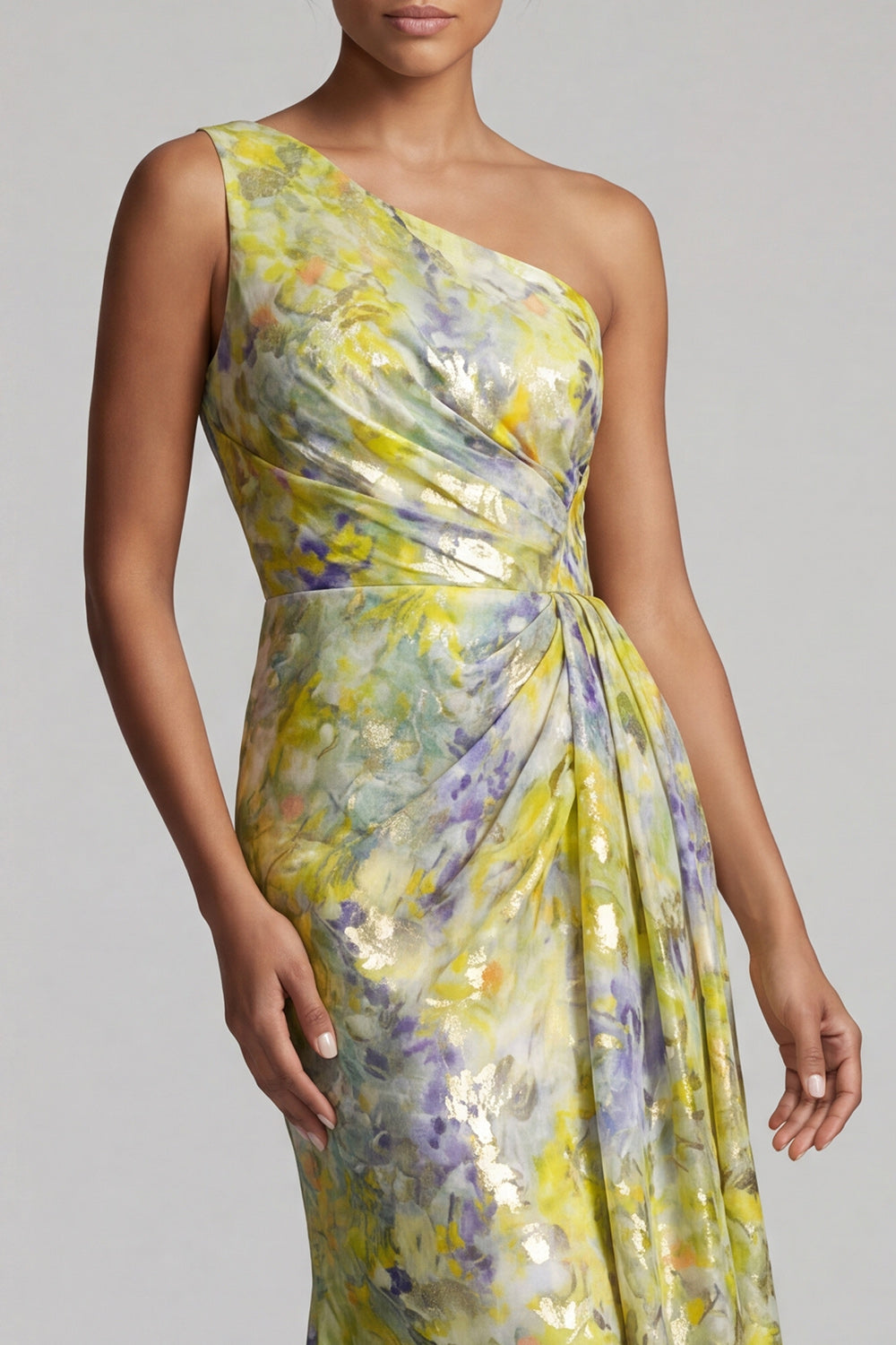 One Shoulder Mermaid Butter Yellow Floral Long Printed Mother of the Bride Dress
