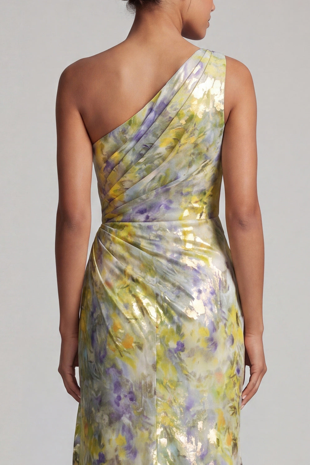 One Shoulder Mermaid Butter Yellow Floral Long Printed Mother of the Bride Dress