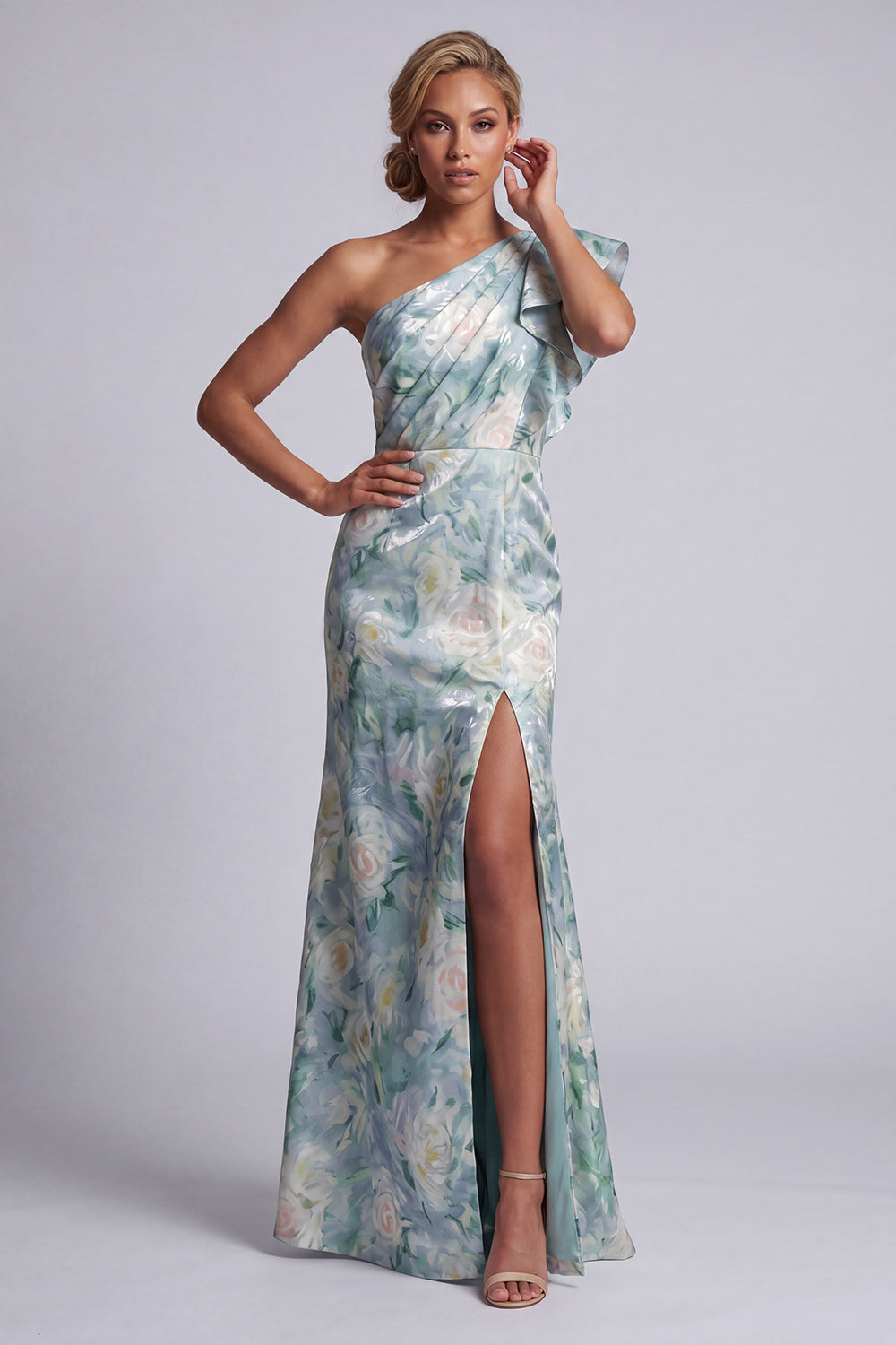 Mermaid Ruffled Floral Light Green Long Mother of the Bride Dress with Slit