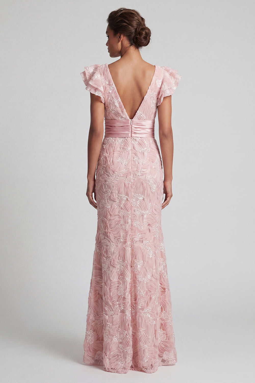 Sparkly Mermaid Ruffled Blush Long Beaded Mother of the Bride Dress with Slit