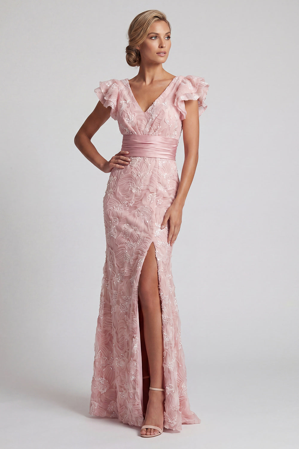Sparkly Mermaid Ruffled Blush Long Beaded Mother of the Bride Dress with Slit