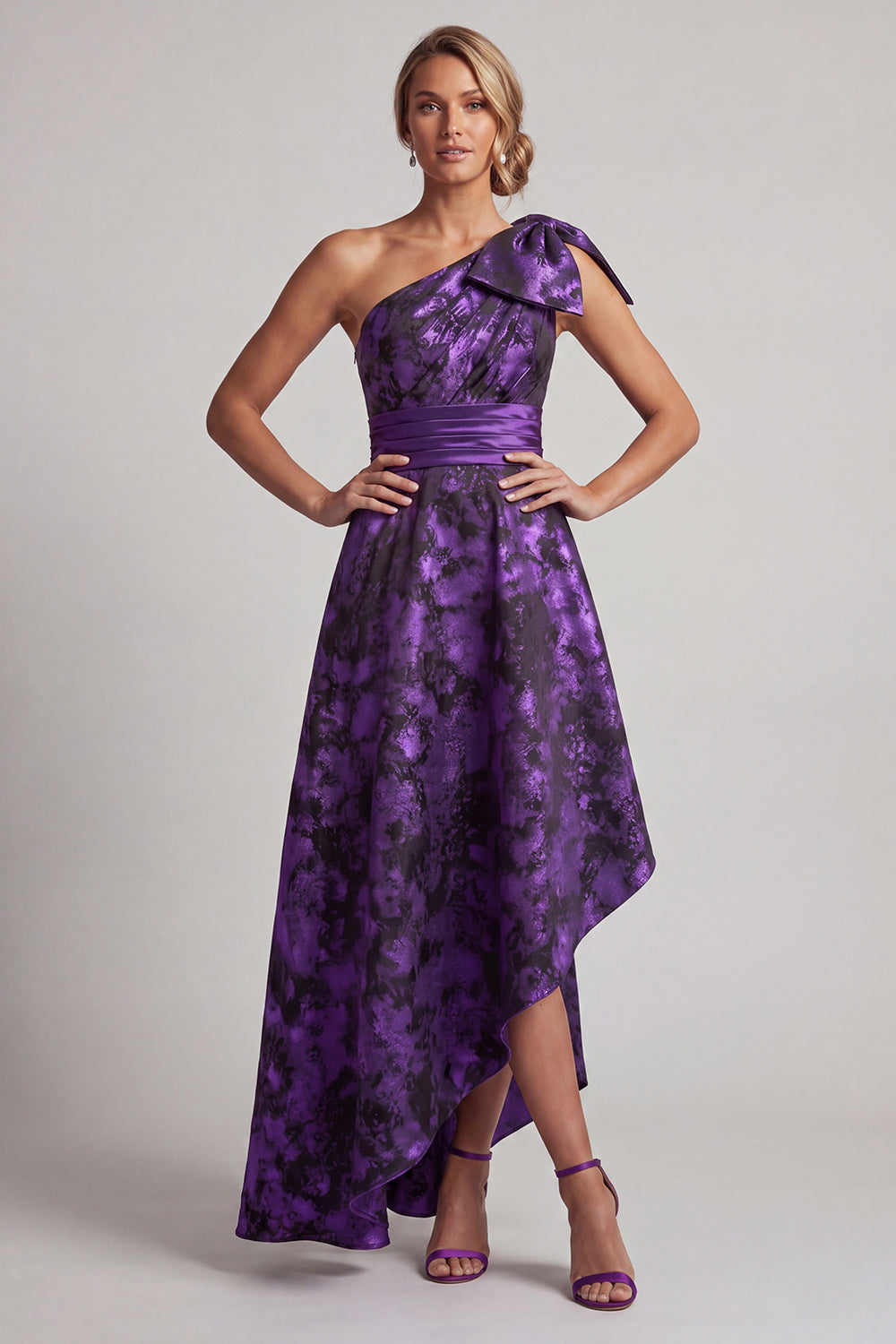 Dark Purple Floral A Line Asymmetrical Mother of the Bride Dress with Bow