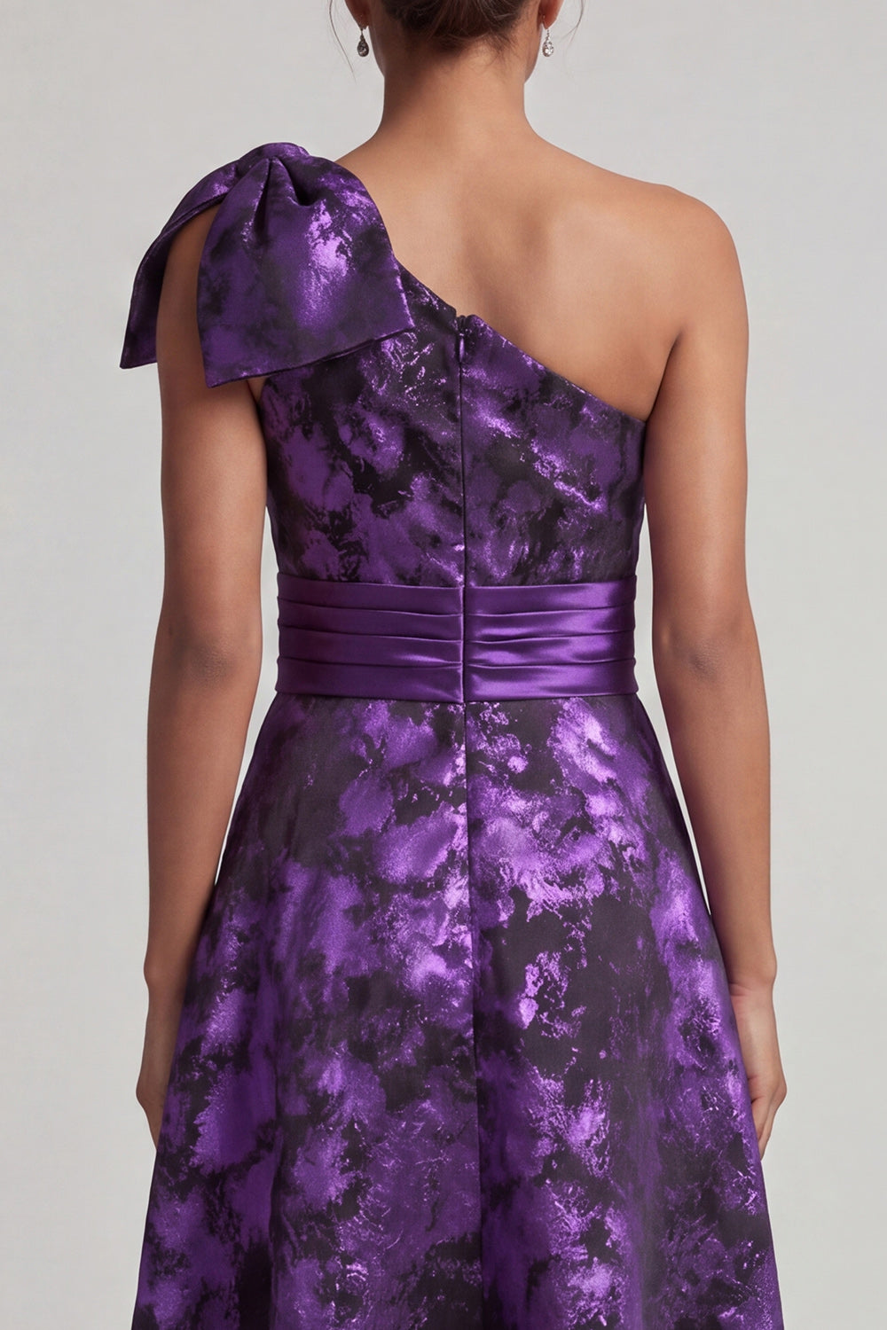 Dark Purple Floral A Line Asymmetrical Mother of the Bride Dress with Bow