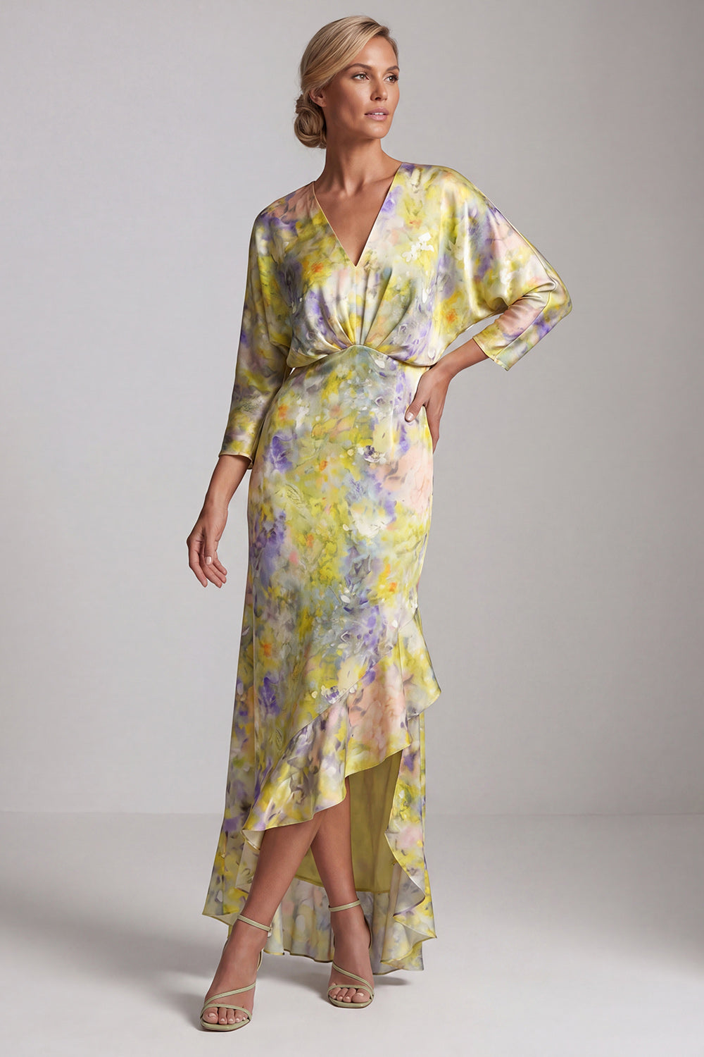 Printed Floral Asymmetrical Butter Yellow Mother of the Bride Dress with Ruffles